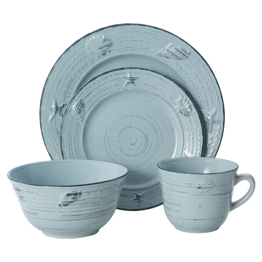 Trellis Coastal Teal 16 Piece Dinnerware Set, Service for 4
