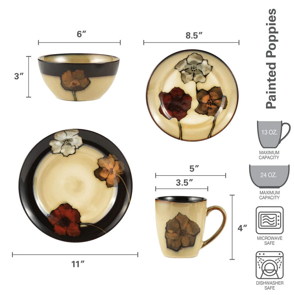 Painted Poppies 16 Piece Dinnerware Set, Service for 4