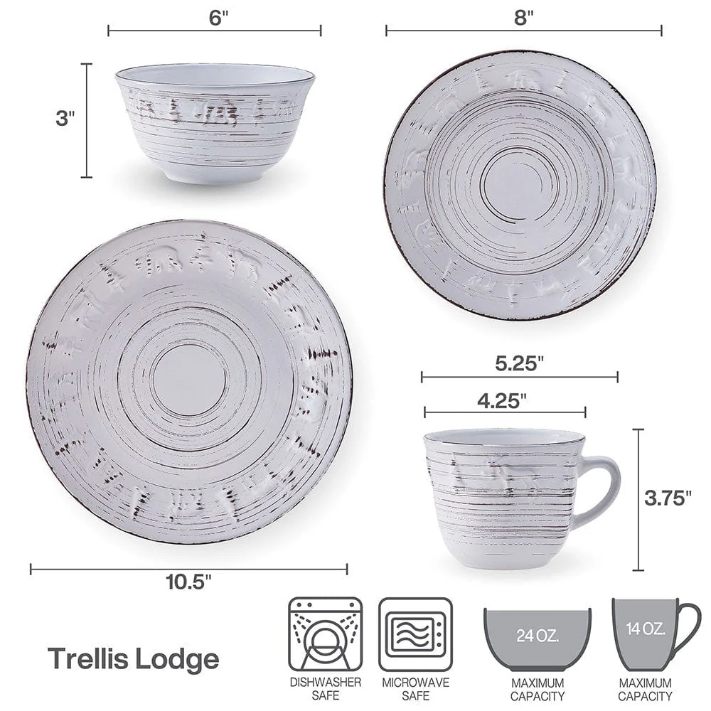Trellis Lodge White 16 Piece Dinnerware Set, Service for 4