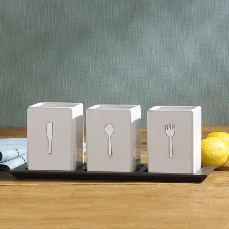 3 Piece Flatware Caddy with Wood Tray