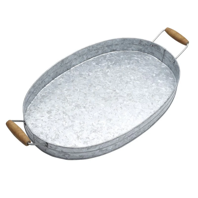 Galvanized Oval Serving with Wooden Handles