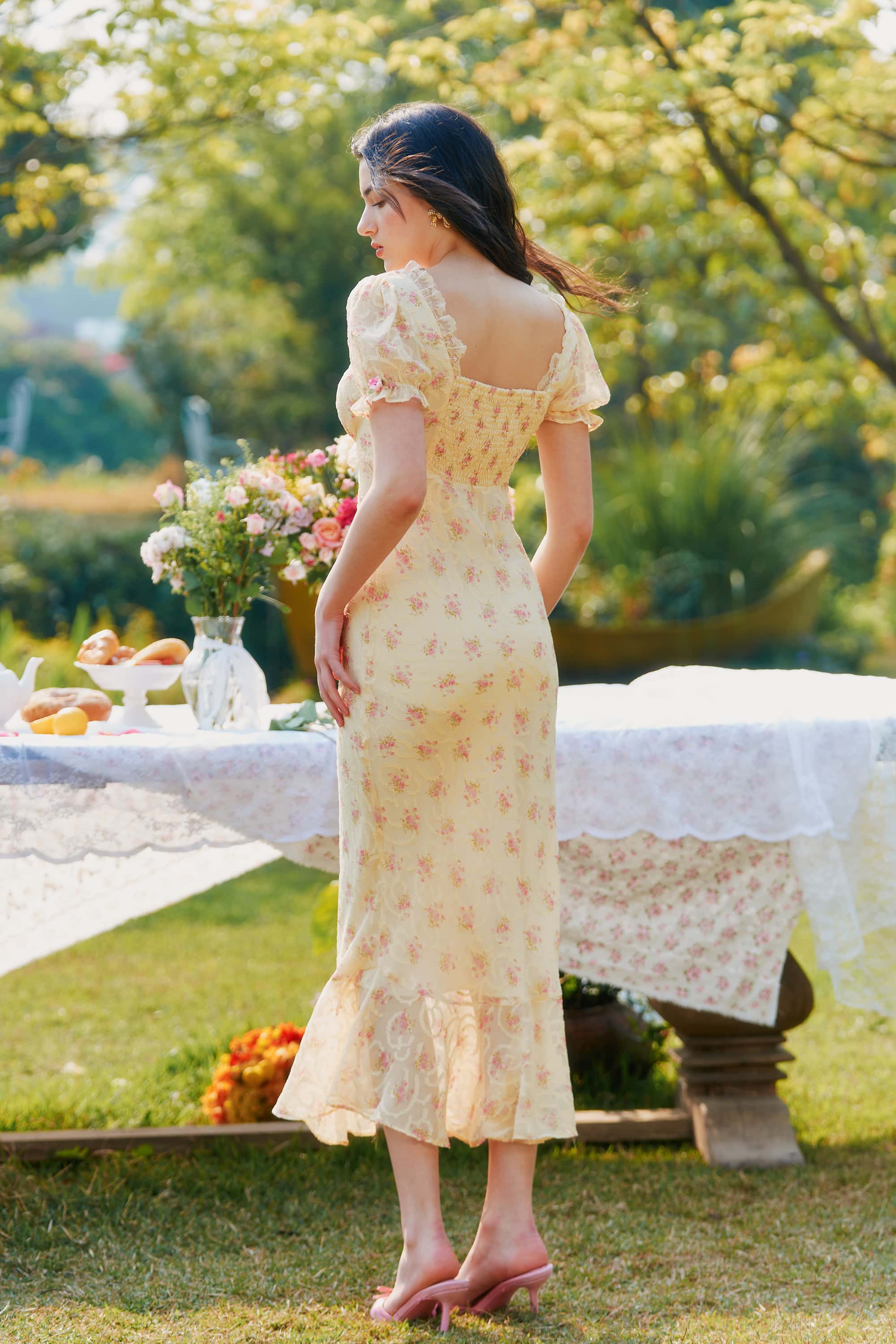 Maeve Chiffon Lace Floral Midi Dress