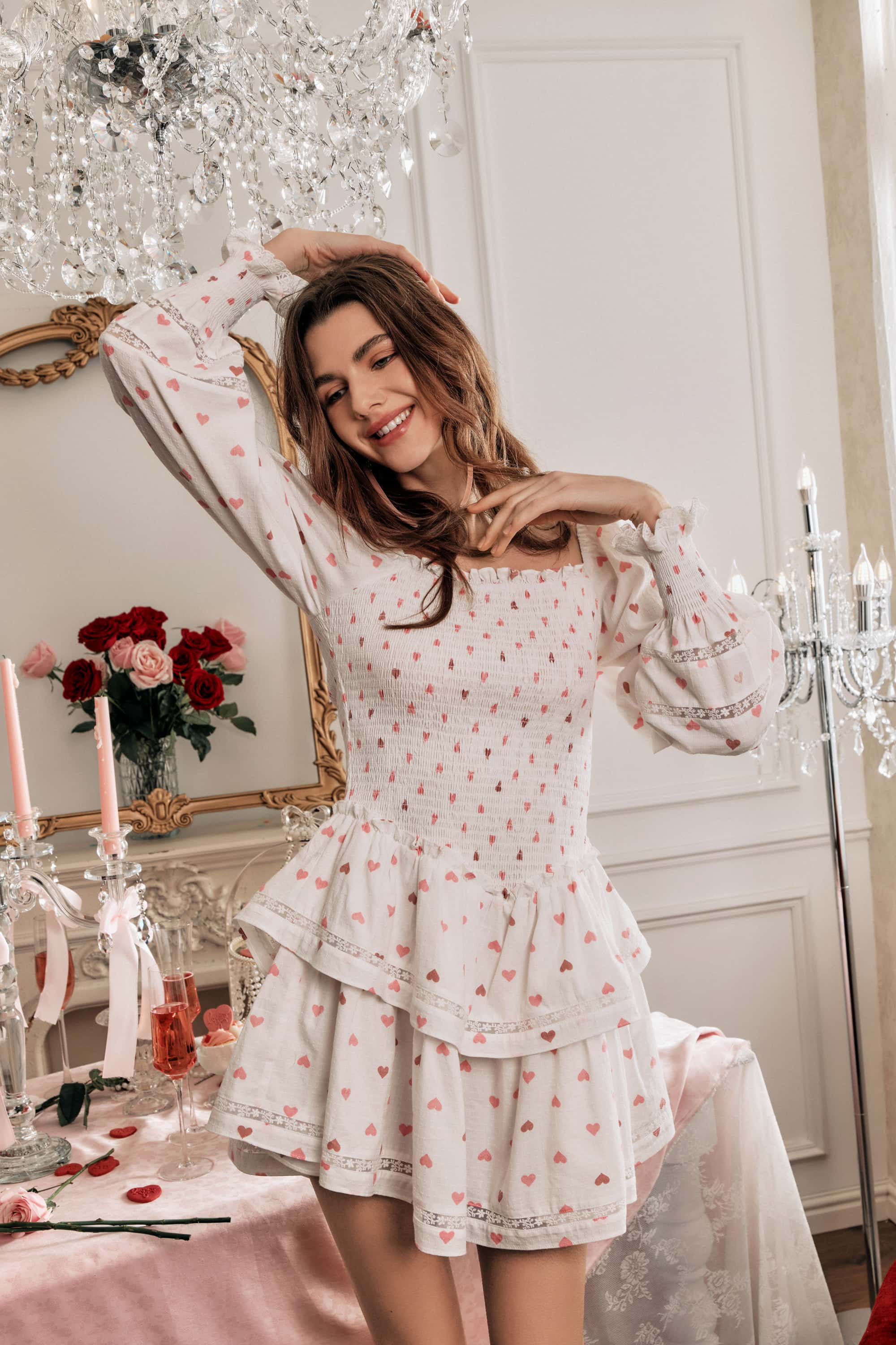 Dora Valentine Puff Sleeve Mini Dress in White