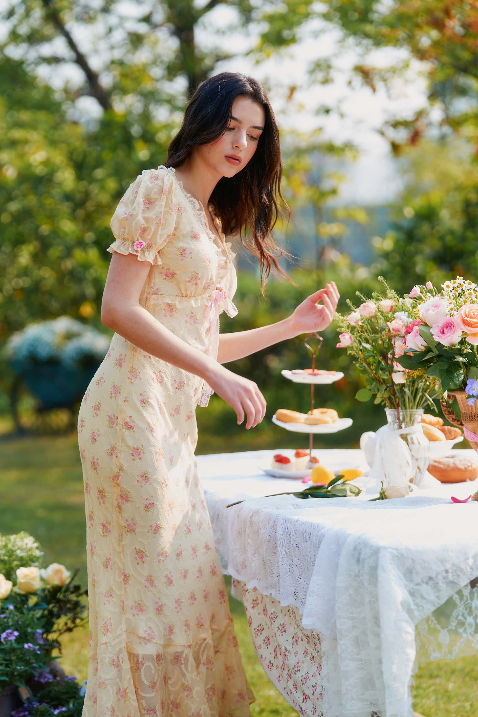 Maeve Chiffon Lace Floral Midi Dress