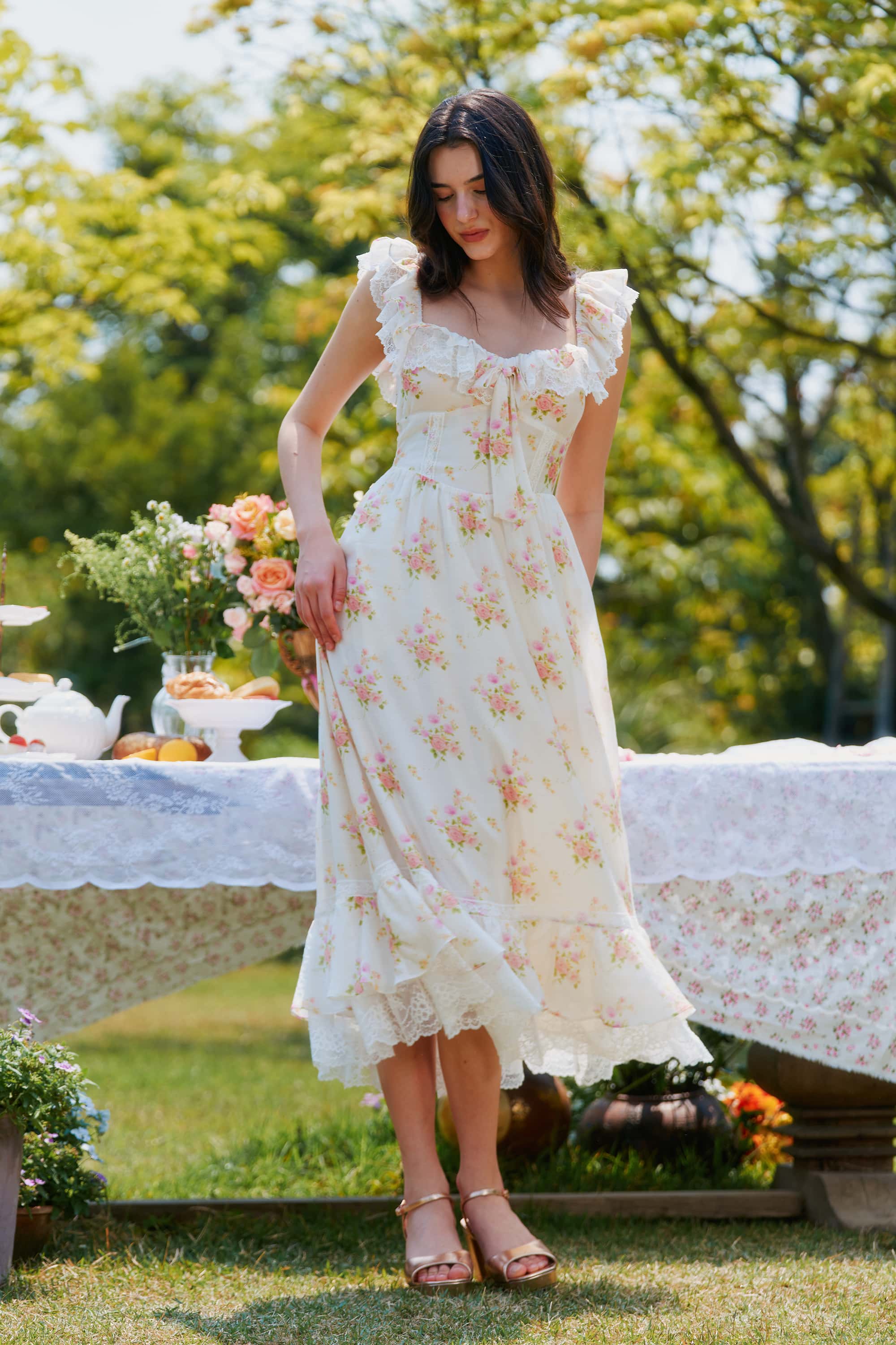 Anya Tecel Lace Floral Midi Dress