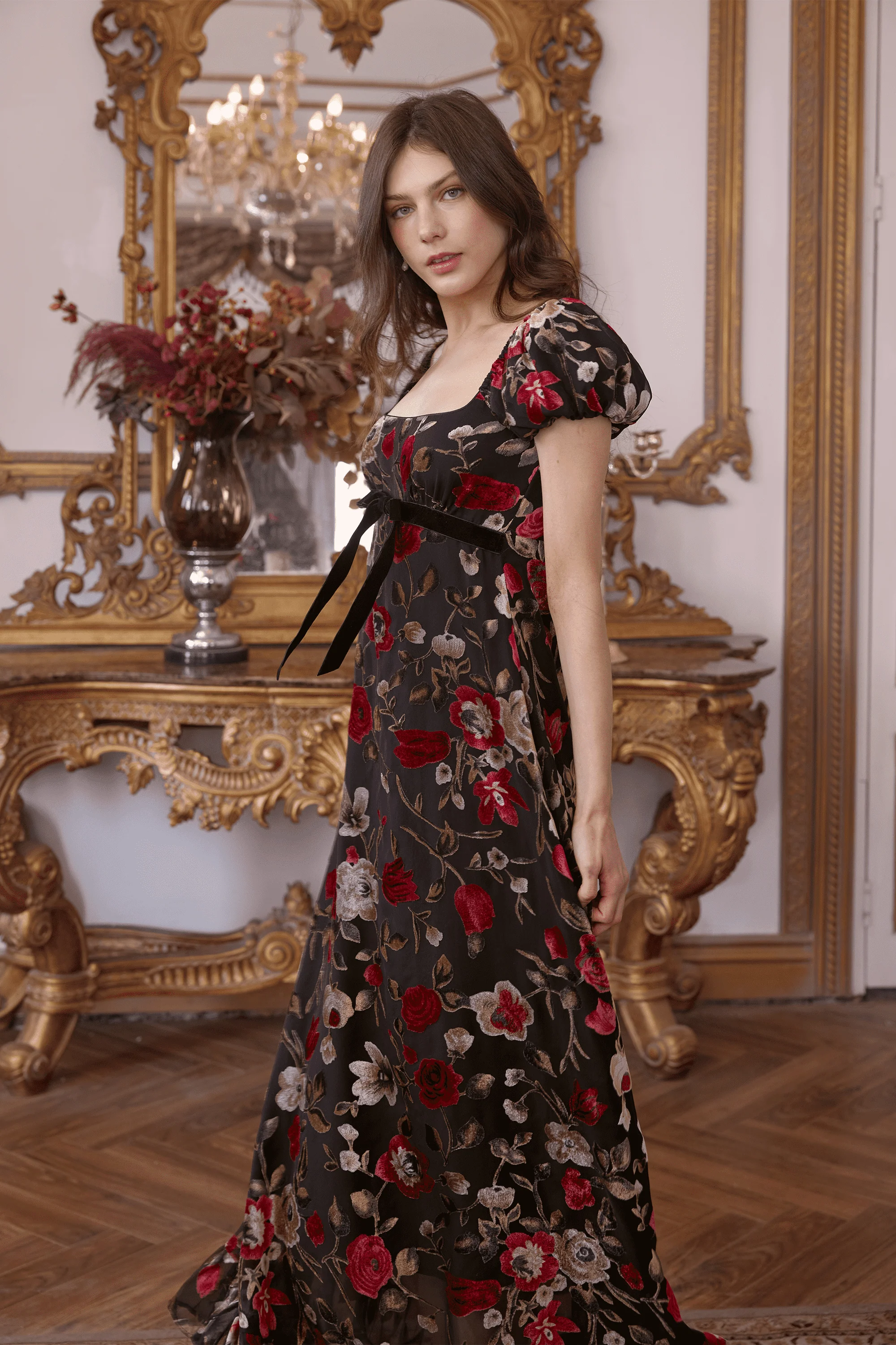 Peltz Squared Neckline Velvet Floral Gown Dress