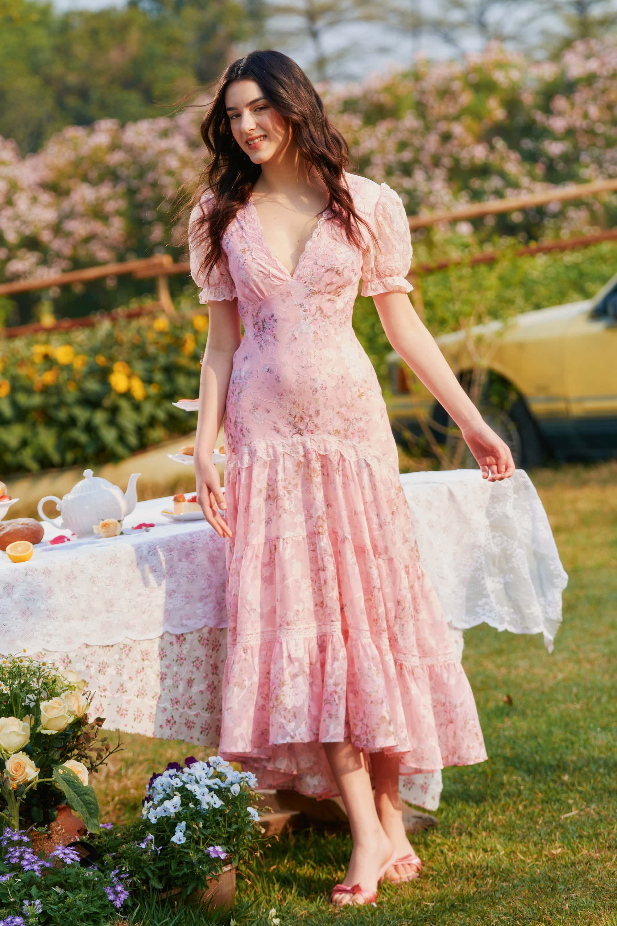 Adelaide Chiffon Lace Floral Maxi Dress