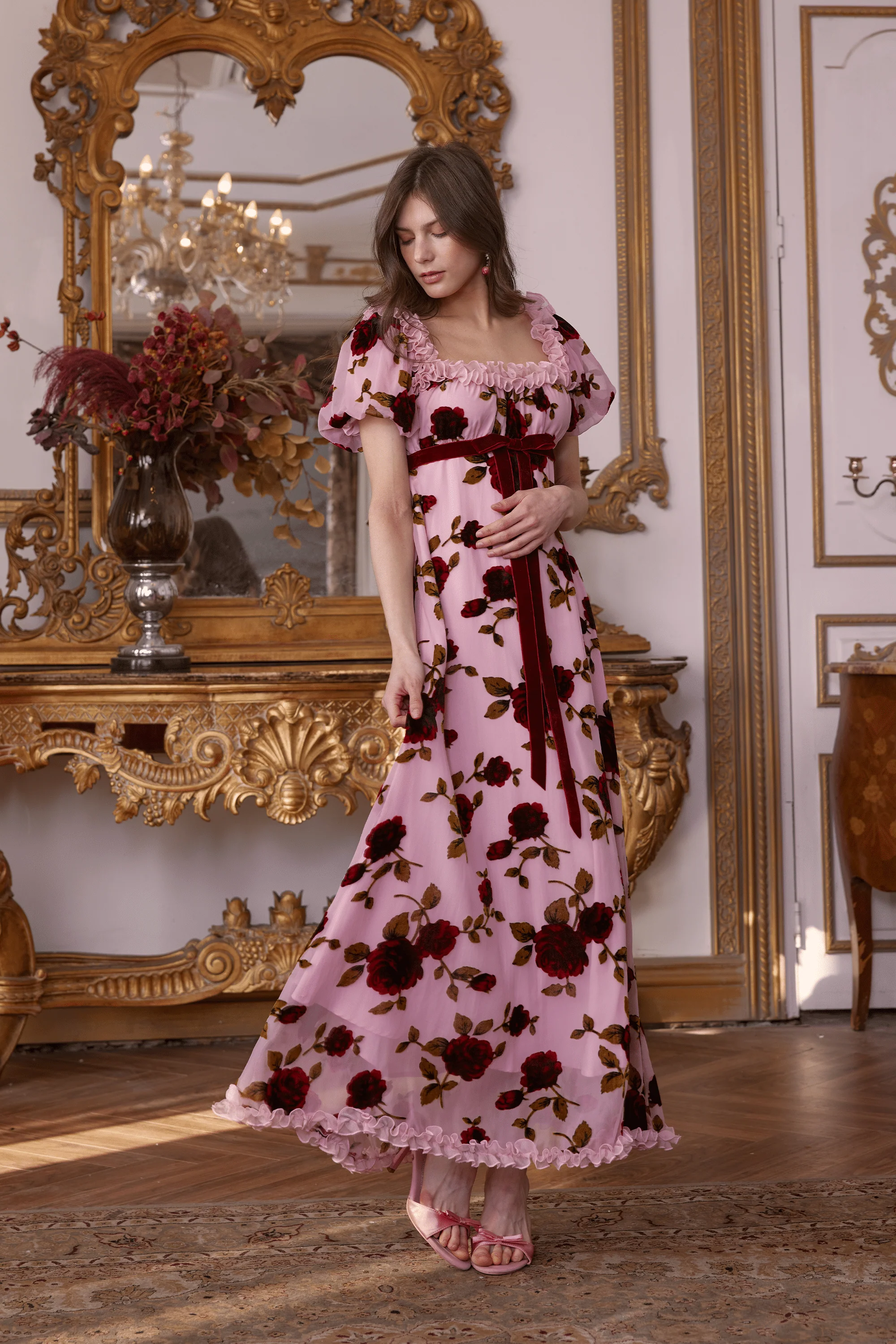 Olivier Squared Neckline Velvet Floral Gown Dress
