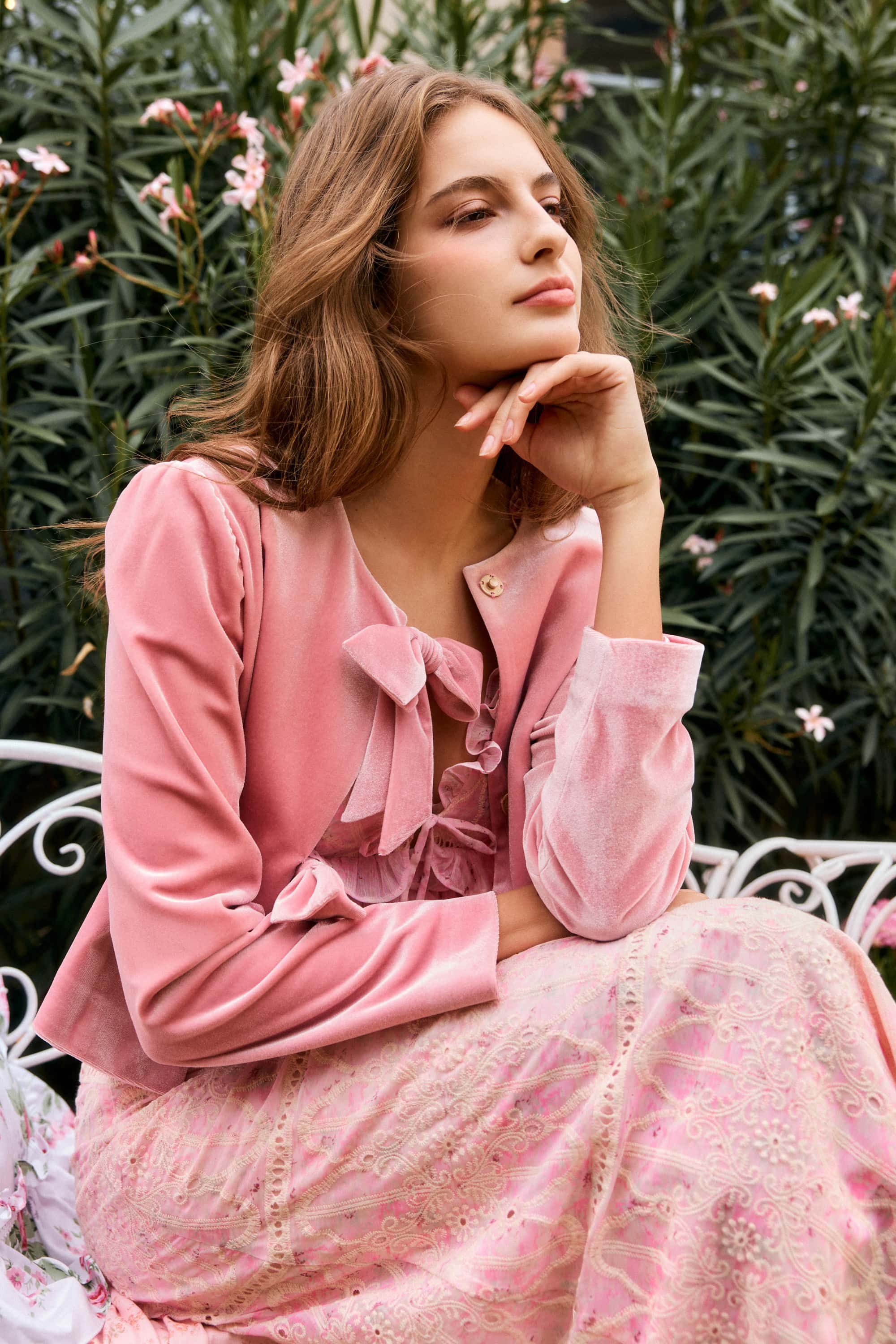Alice Velvet Bow Jacket in Pink