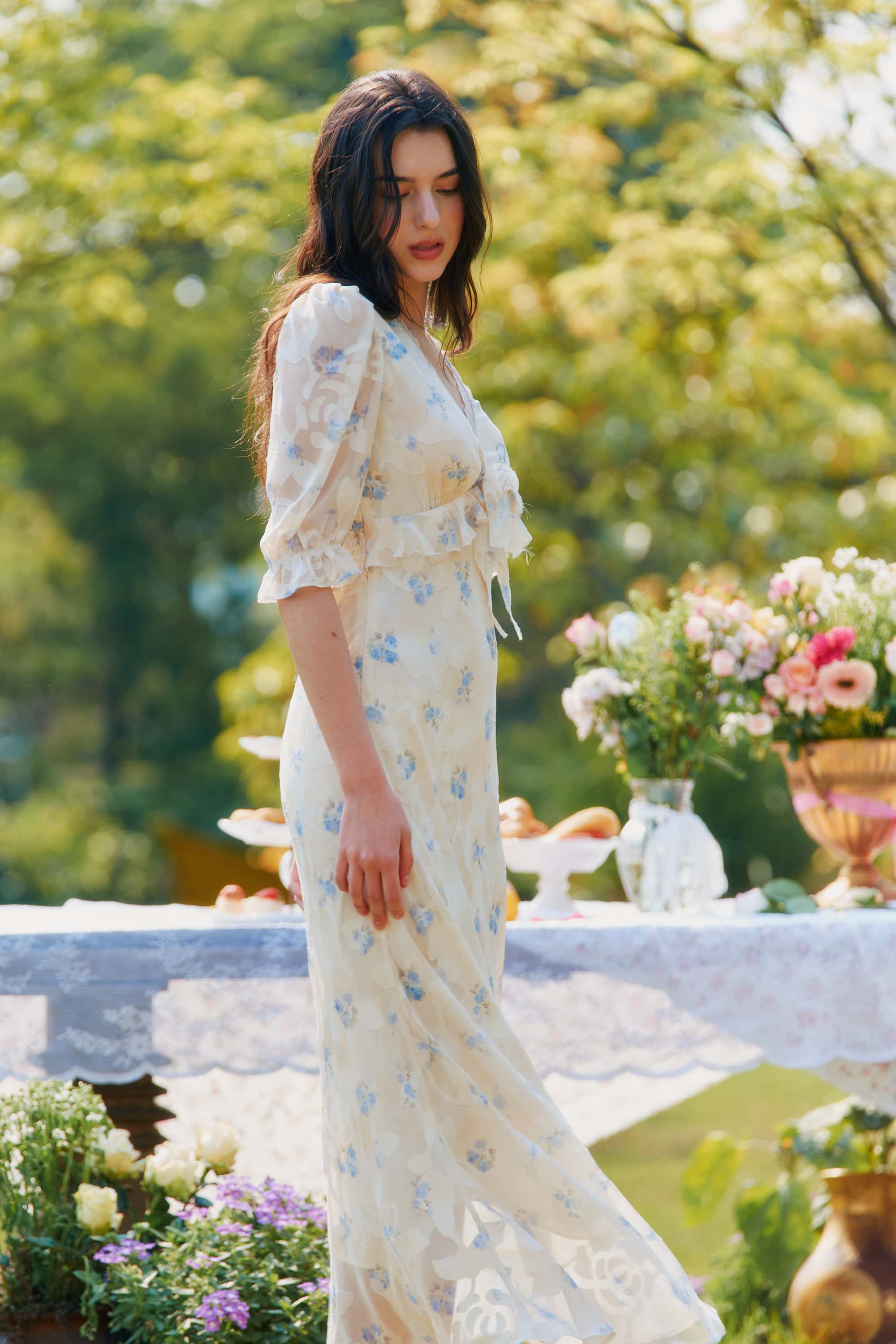 Archie Chiffon High Waist Maxi Dress in Cream