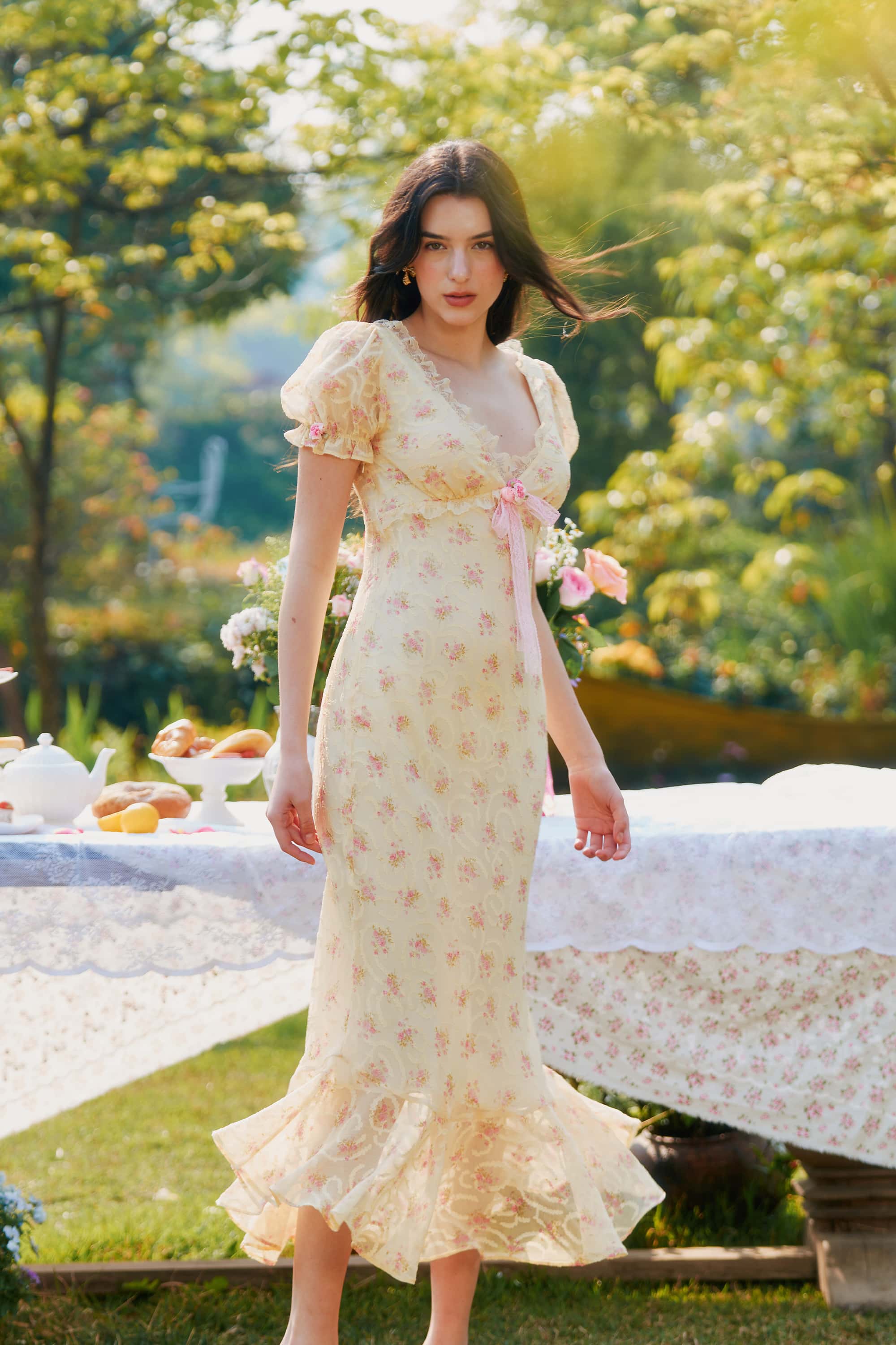 Maeve Chiffon Lace Floral Midi Dress