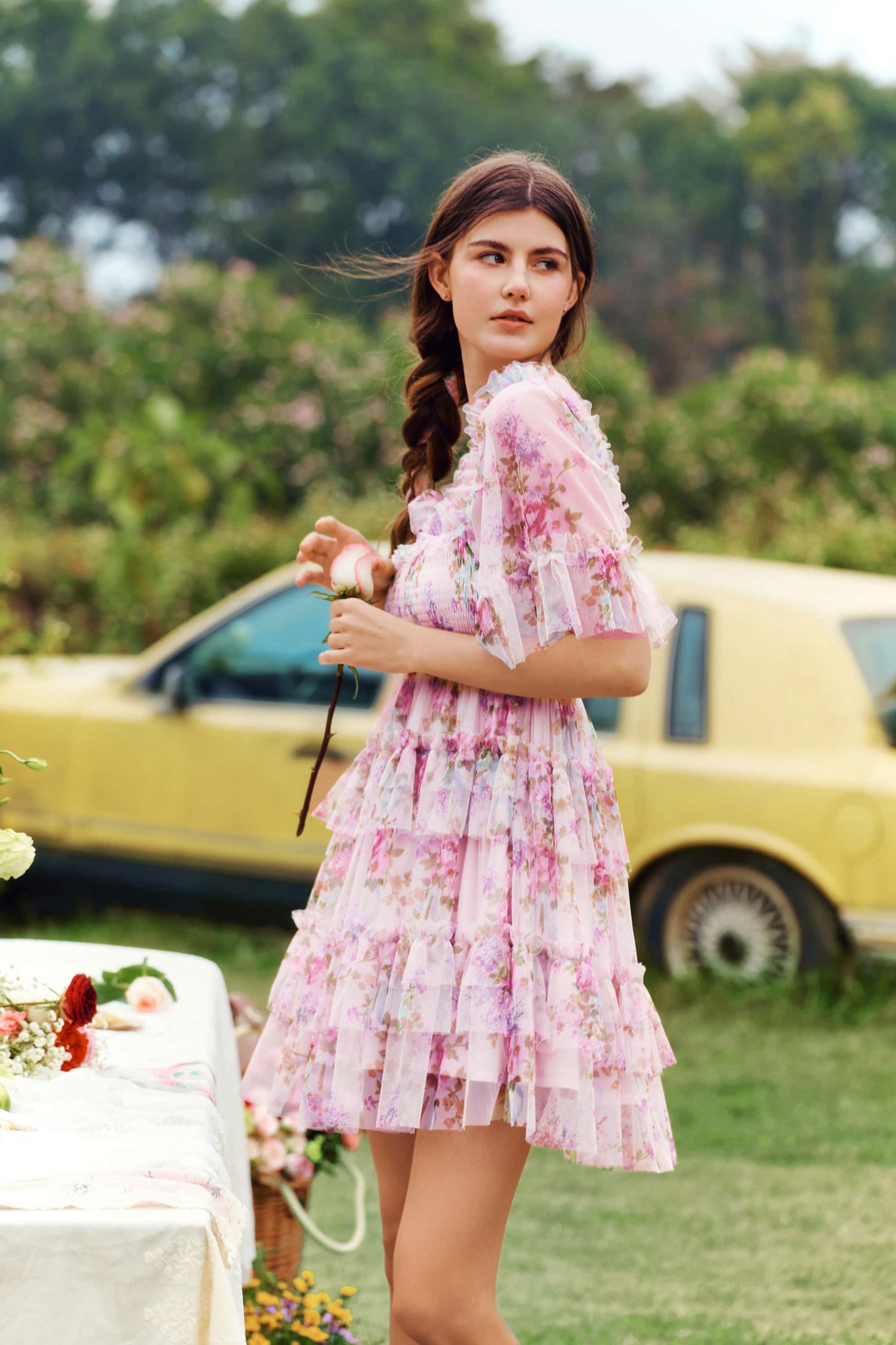 Beatrice Floral Ruffled Tulle Mini Dress in Pink