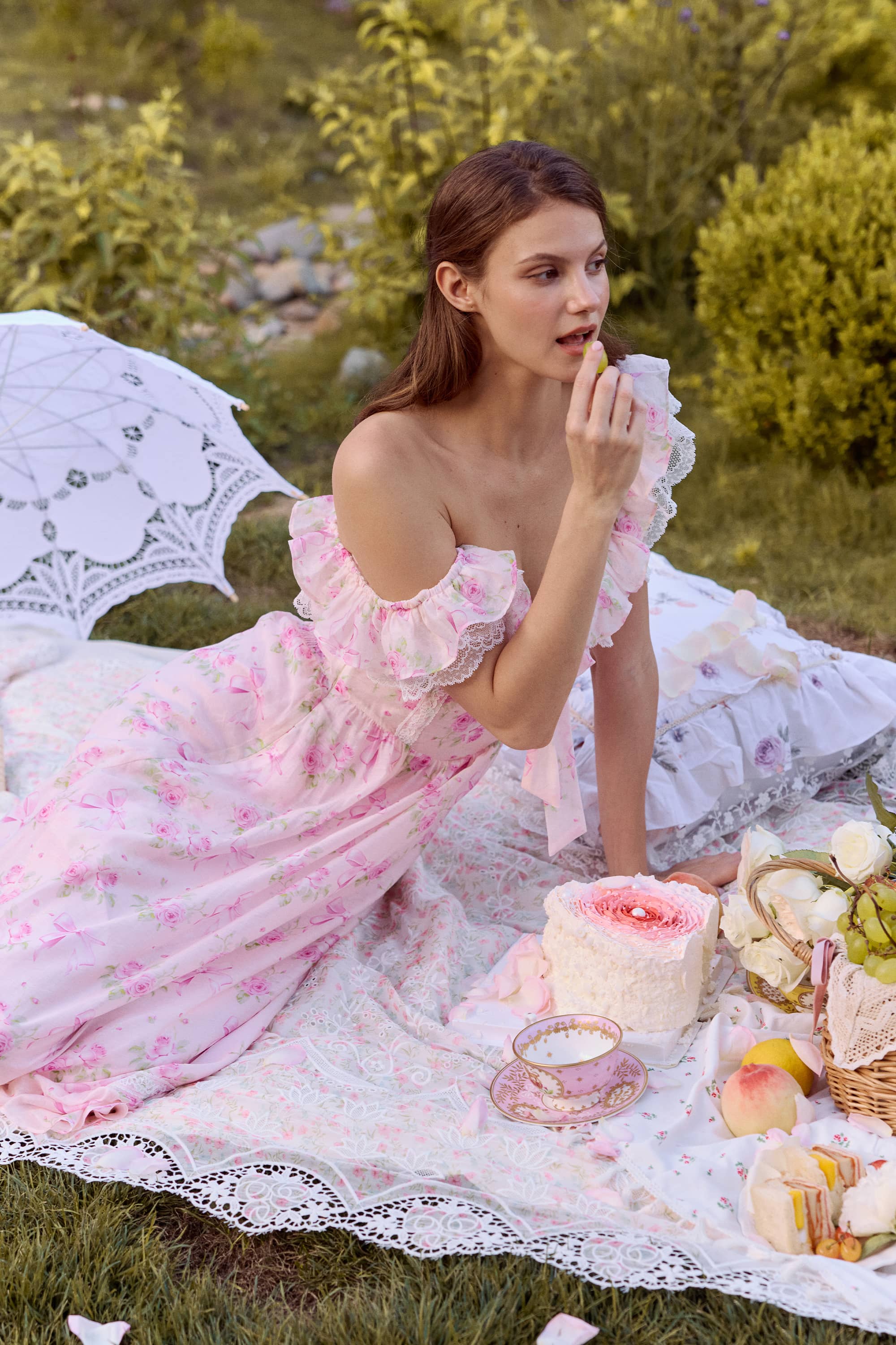 Anya Tecel Lace Floral Midi Dress in Pink