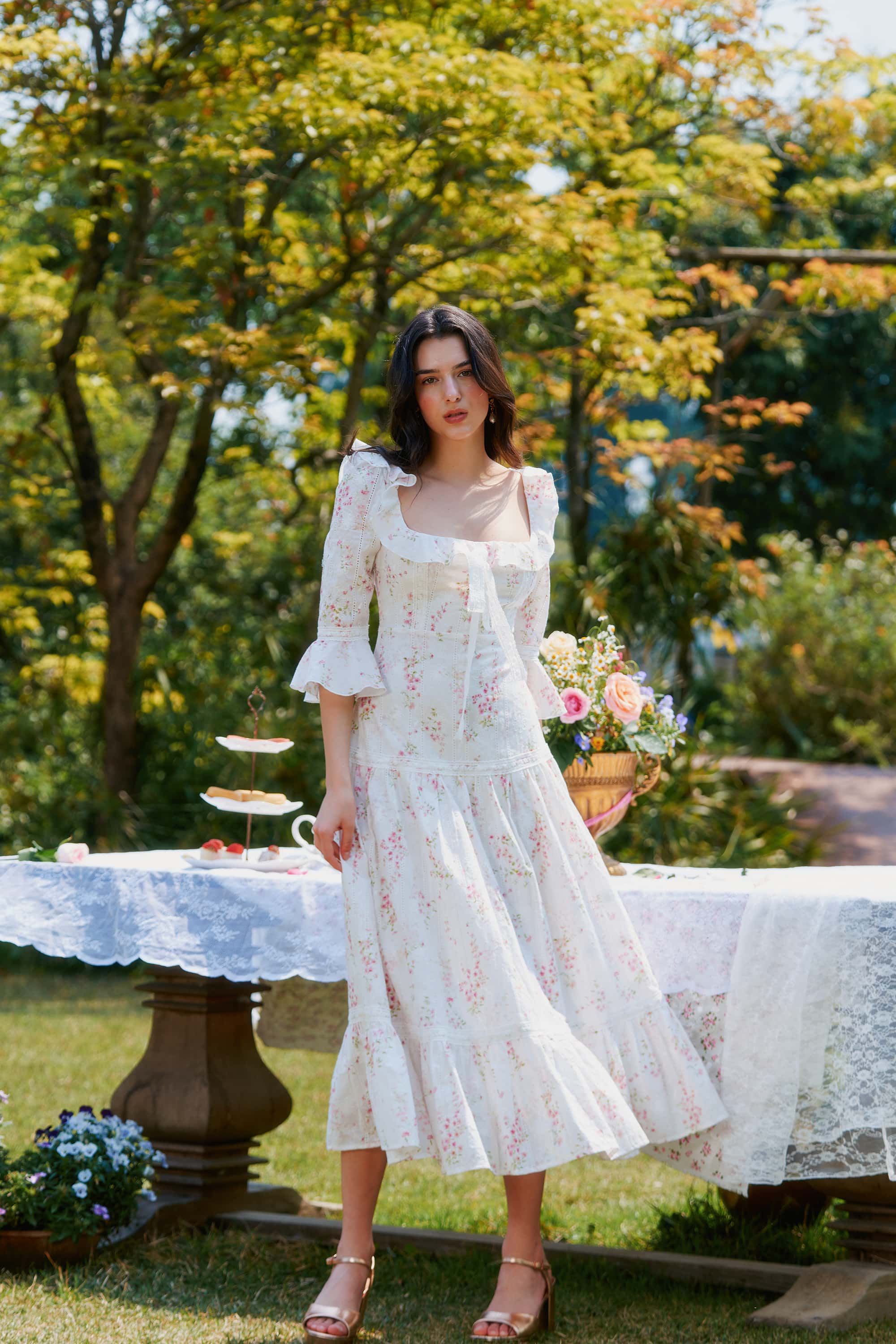 Hera Floral Ruffled Flaring Cuff Midi Dress