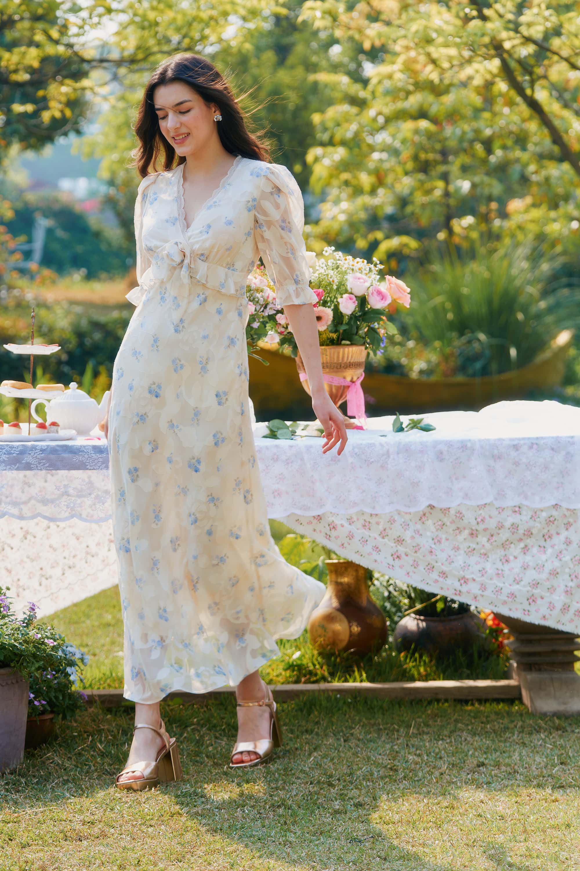 Archie Chiffon High Waist Maxi Dress in Cream