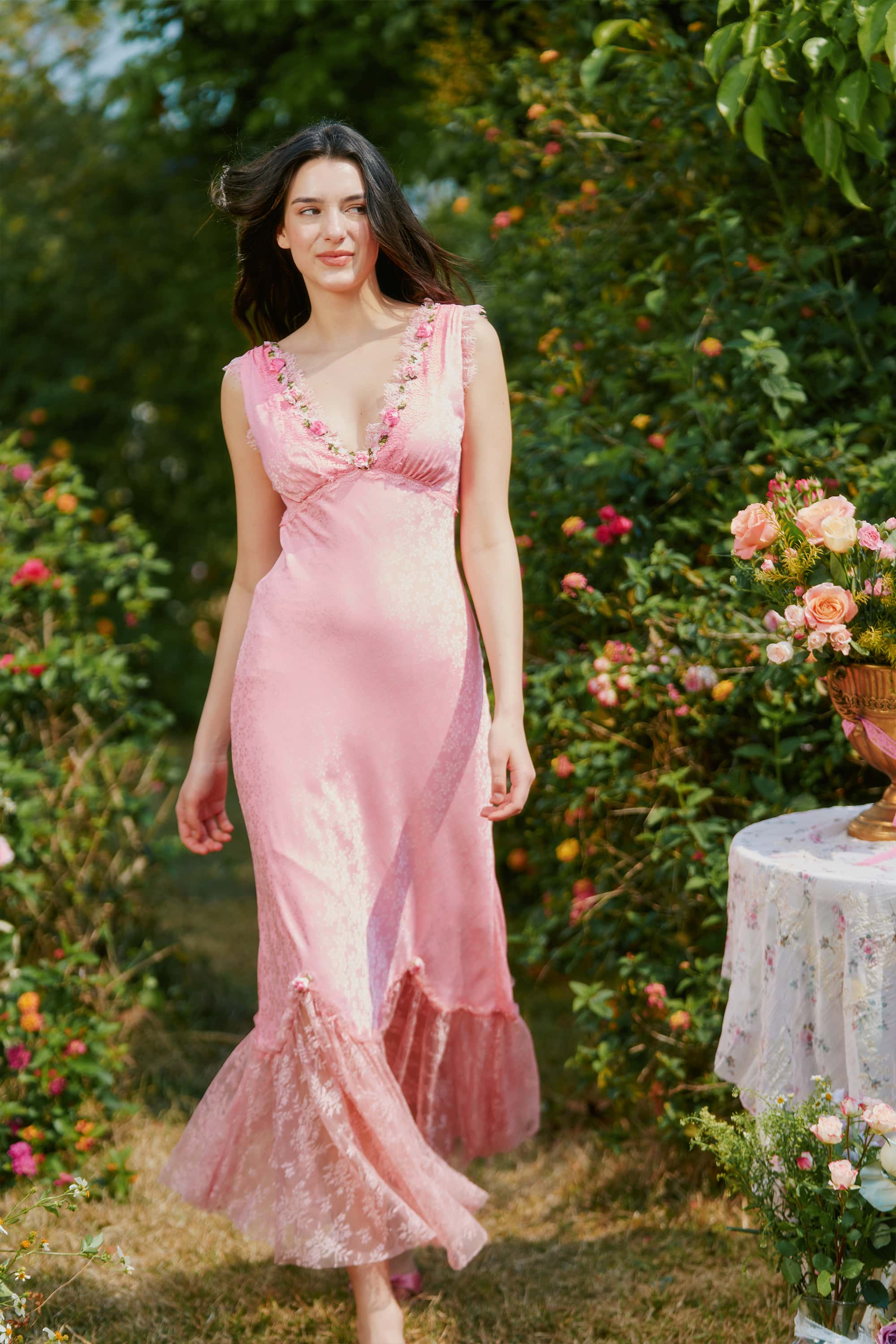 Bernadette Jacquard Satin  Lace Floral Maxi Dress