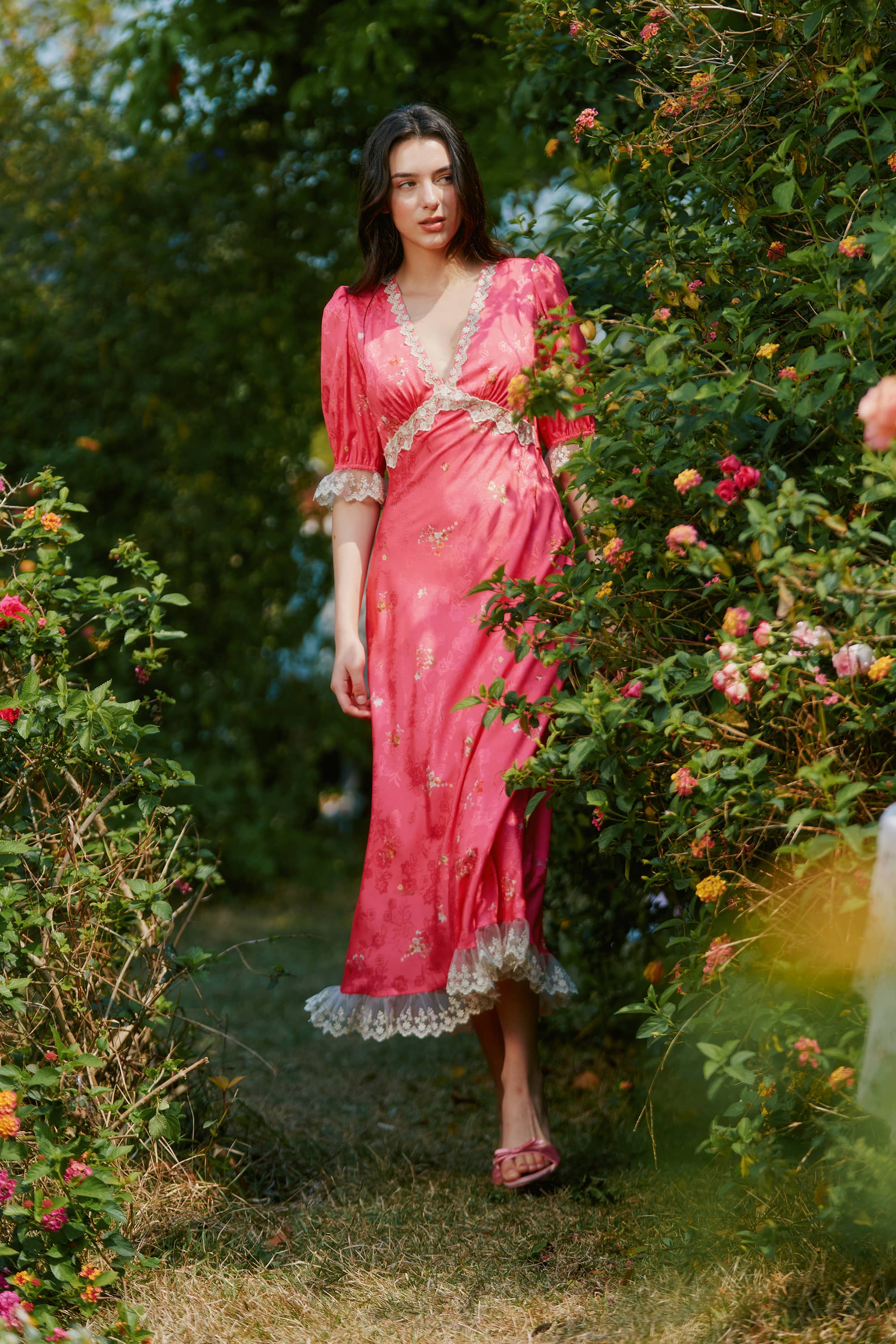 Divia Lace Floral Midi Dress in Red