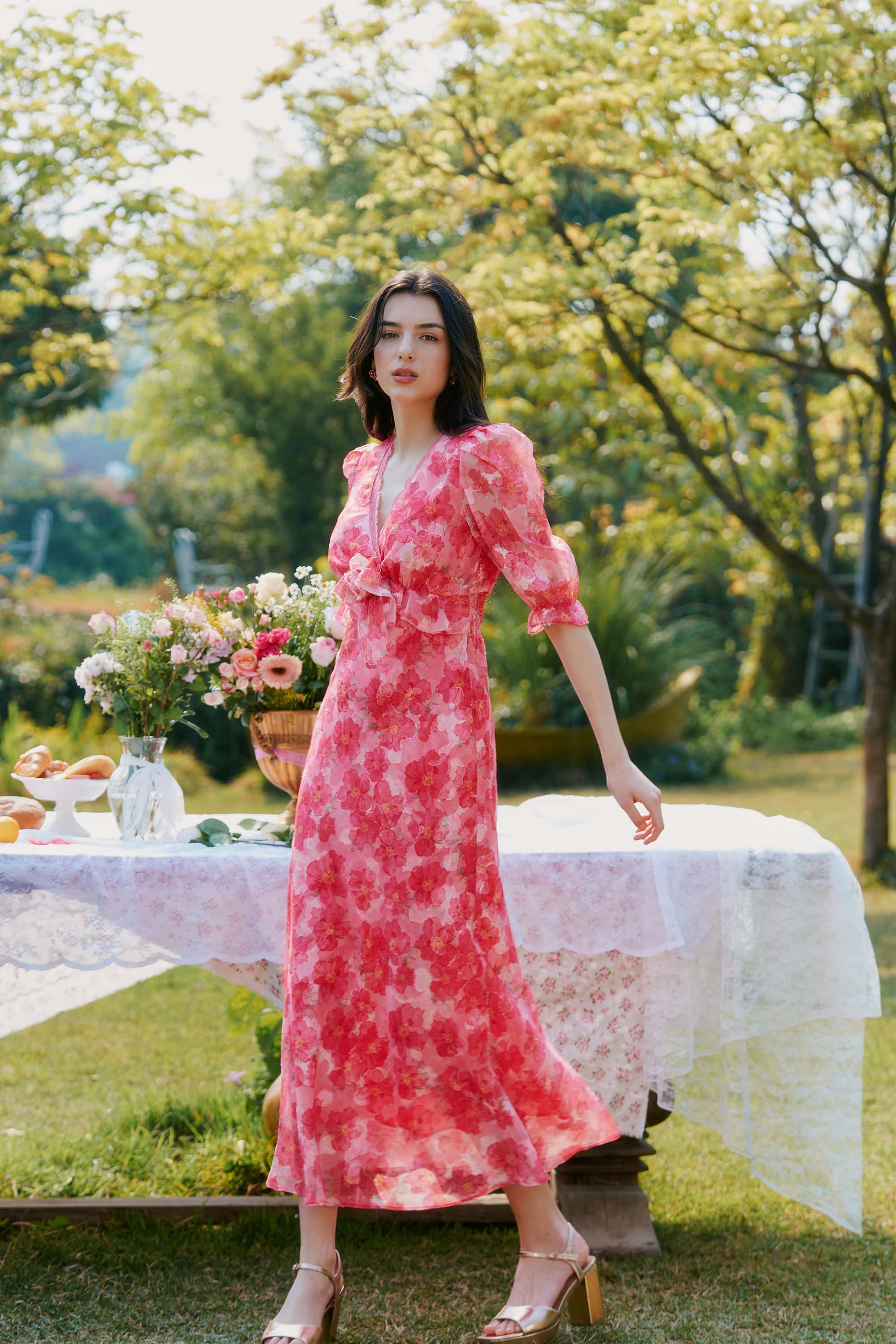 Archie Chiffon High Waist Maxi Dress in Red