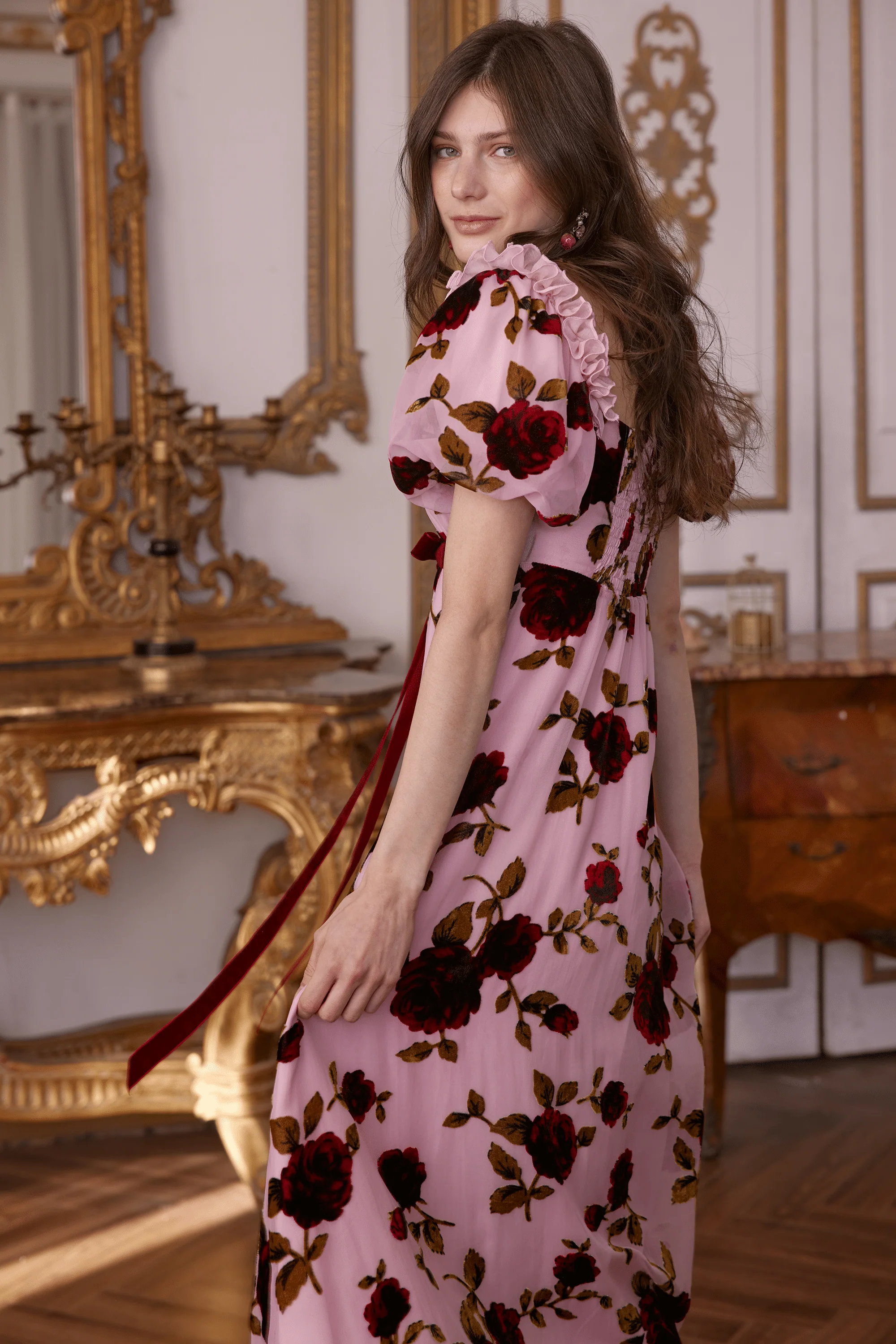 Olivier Squared Neckline Velvet Floral Gown Dress