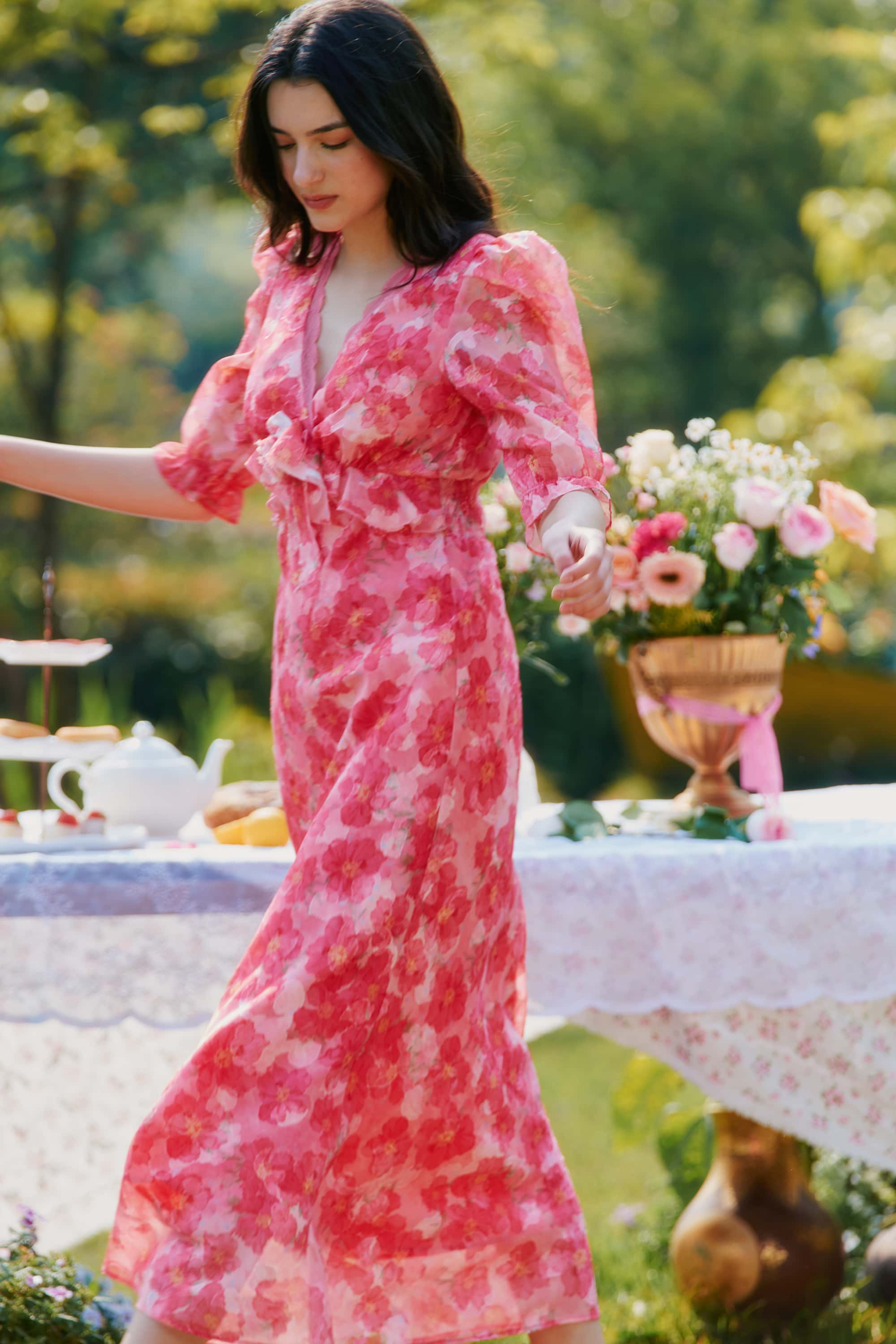 Archie Chiffon High Waist Maxi Dress in Red