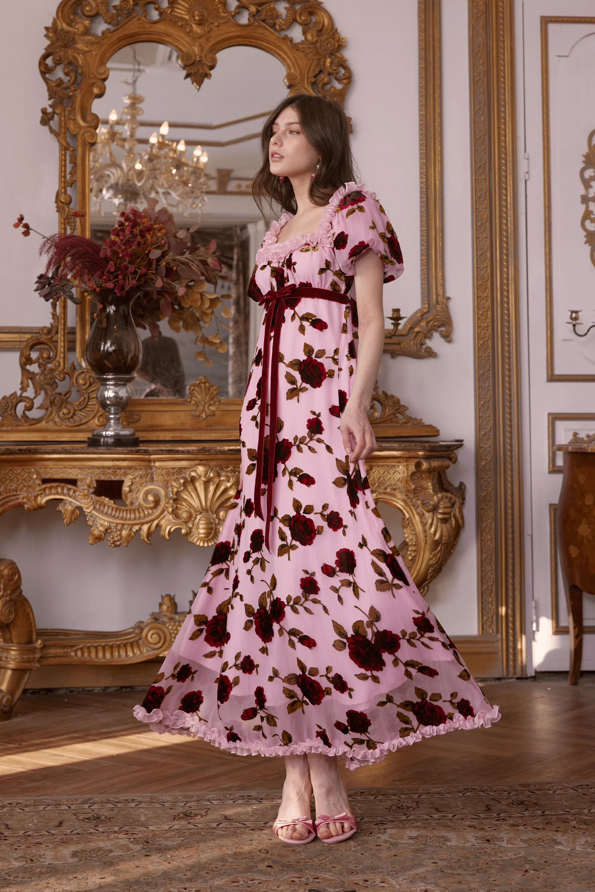 Olivier Squared Neckline Velvet Floral Gown Dress