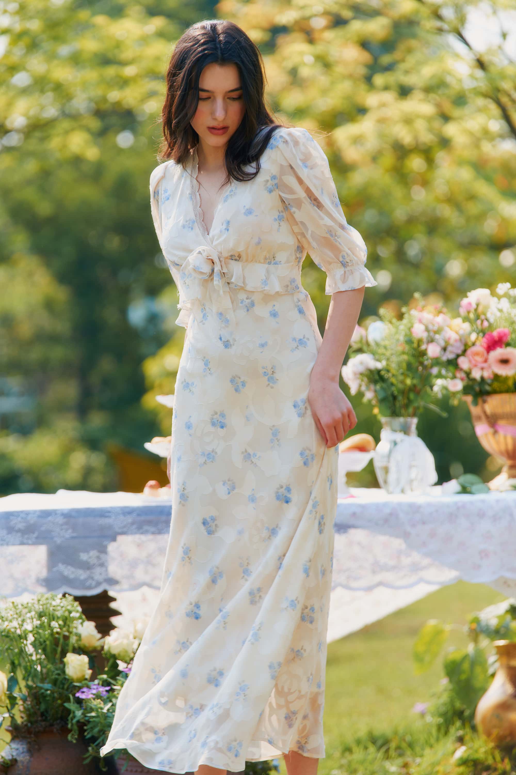 Archie Chiffon High Waist Maxi Dress in Cream