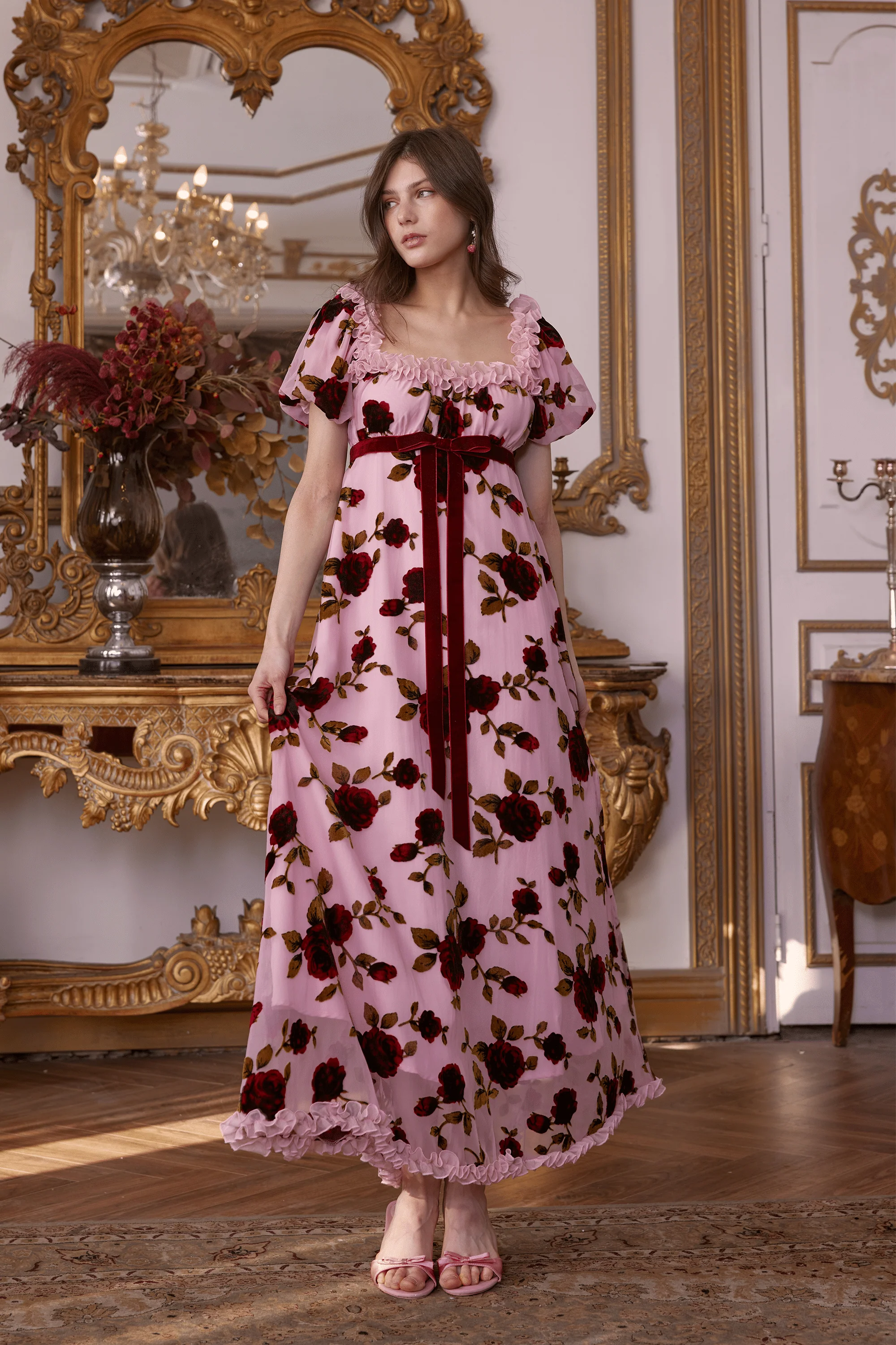 Olivier Squared Neckline Velvet Floral Gown Dress