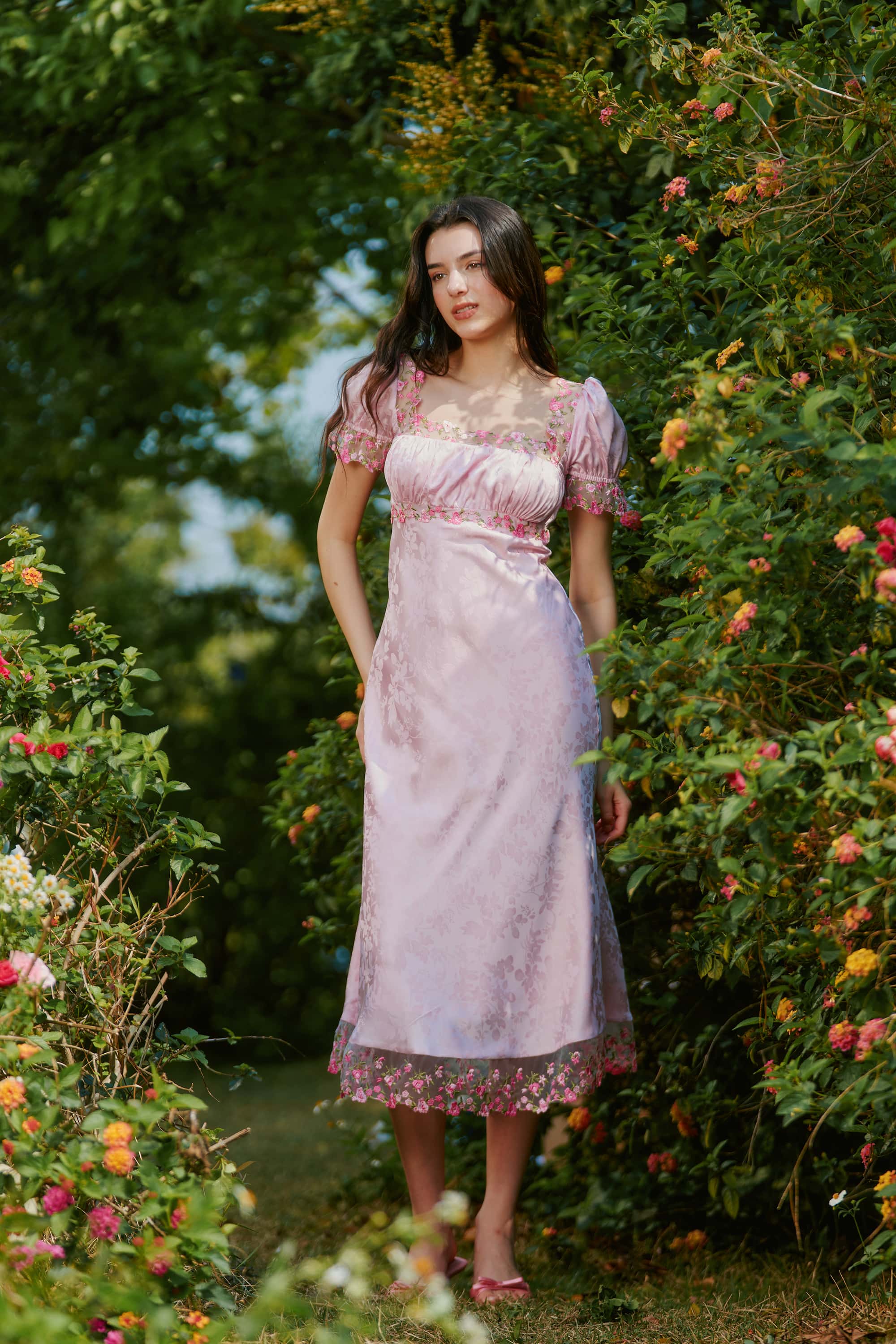 Delphine Jacquard Satin Lace Midi Dress