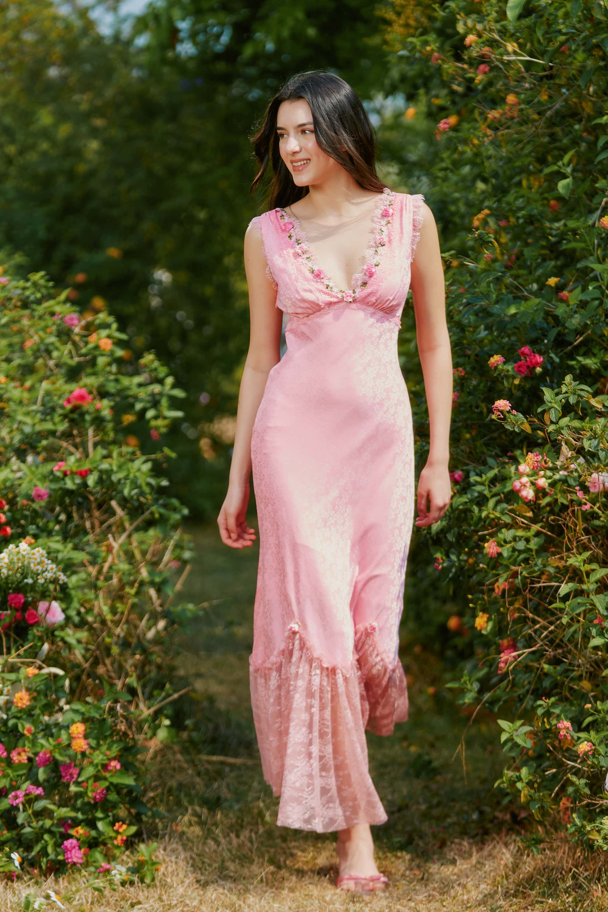 Bernadette Jacquard Satin  Lace Floral Maxi Dress