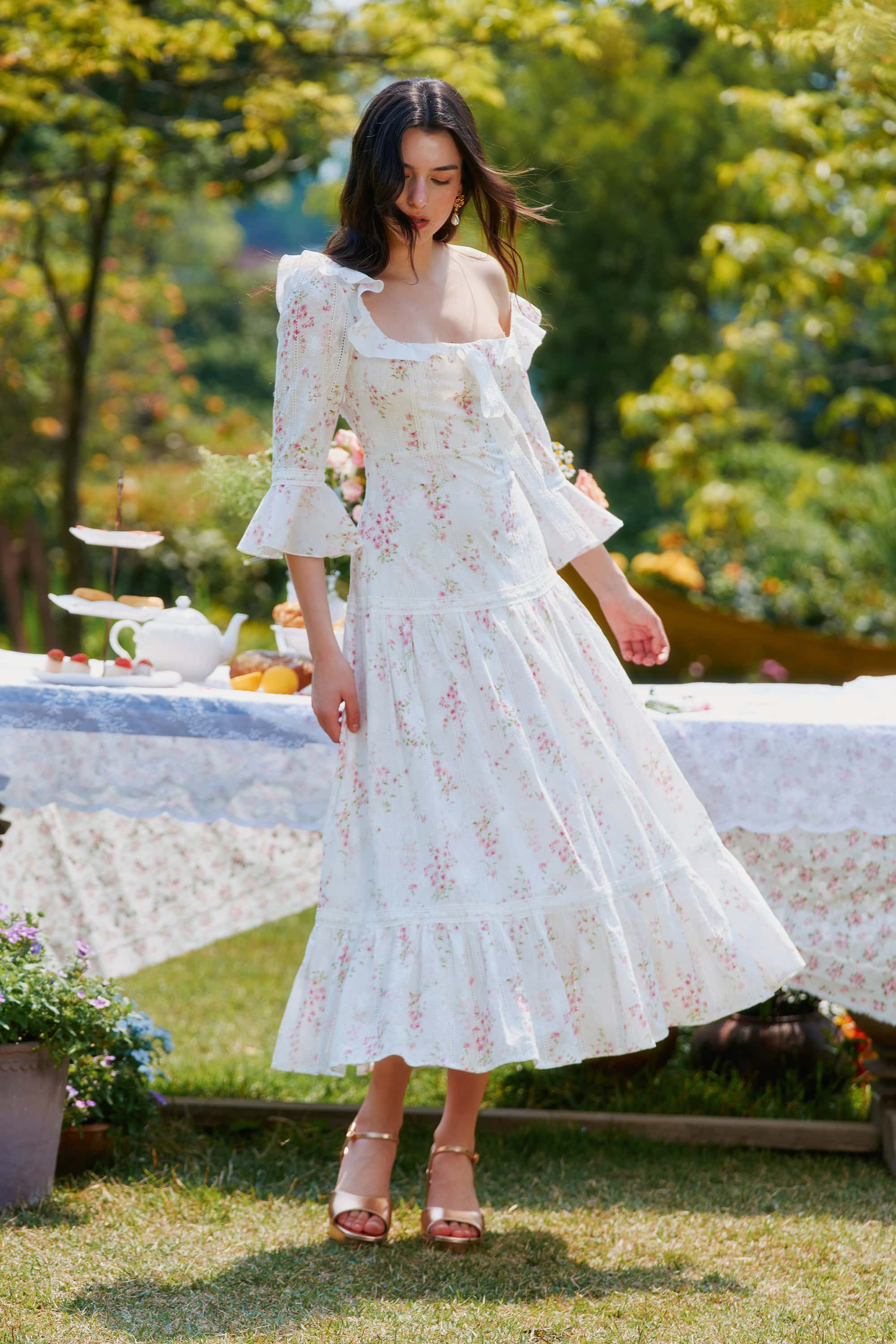 Hera Floral Ruffled Flaring Cuff Midi Dress