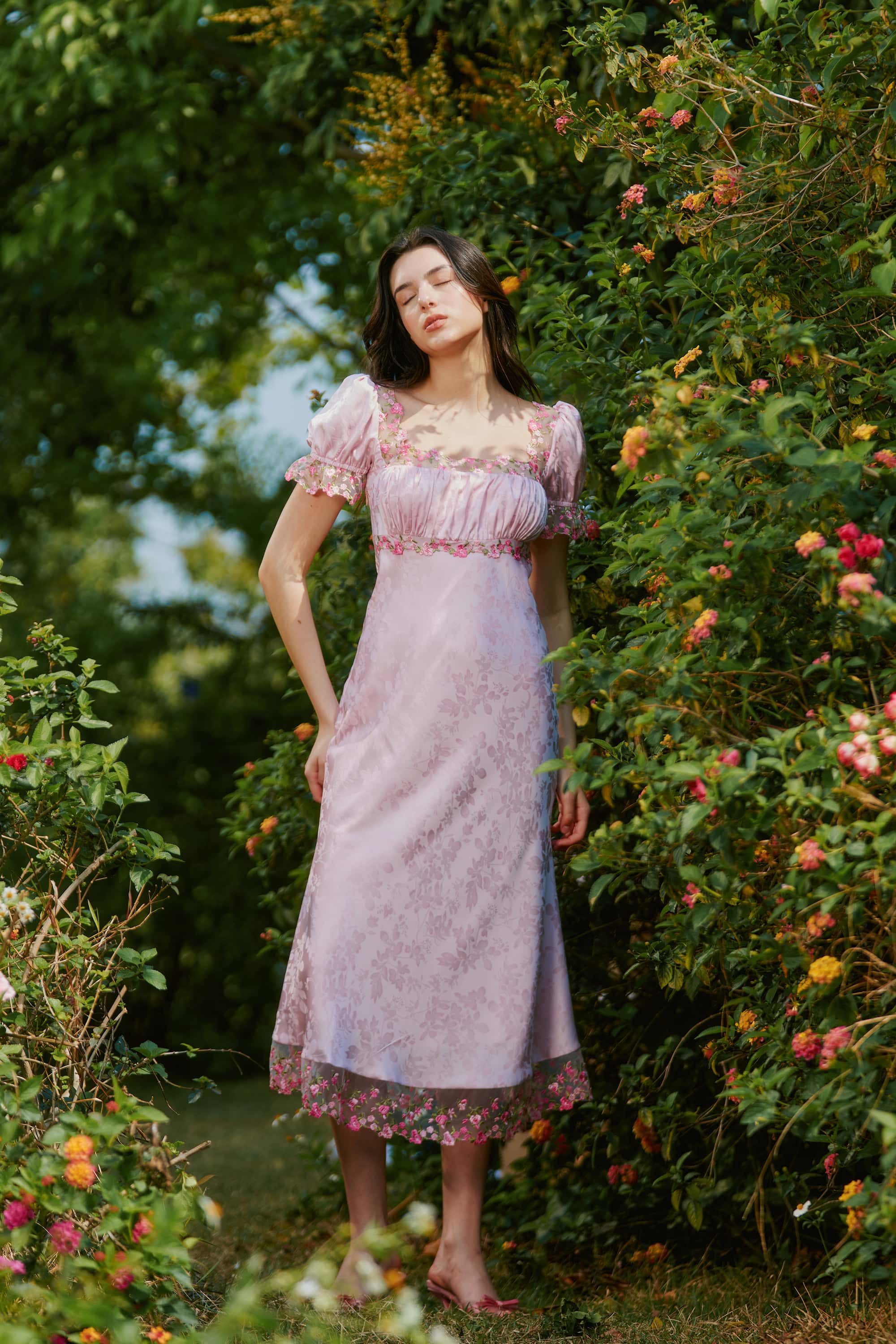 Delphine Jacquard Satin Lace Midi Dress