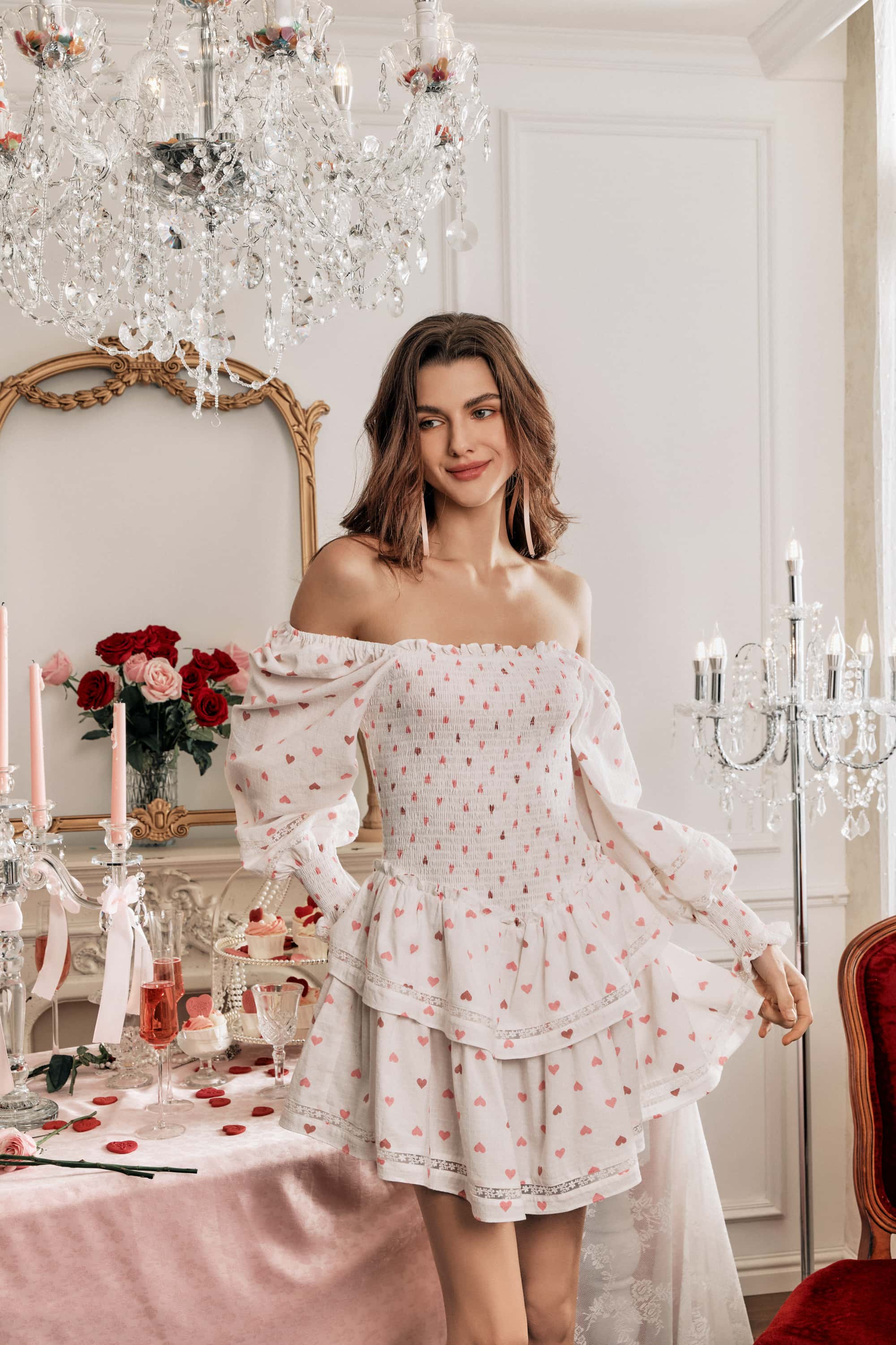 Dora Valentine Puff Sleeve Mini Dress in White