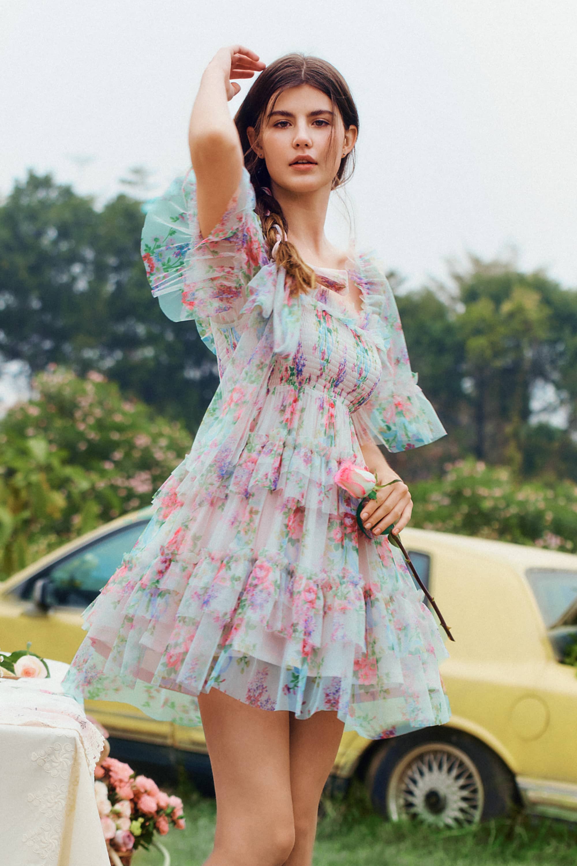 Beatrice Floral Ruffled Tulle Mini Dress in Blue