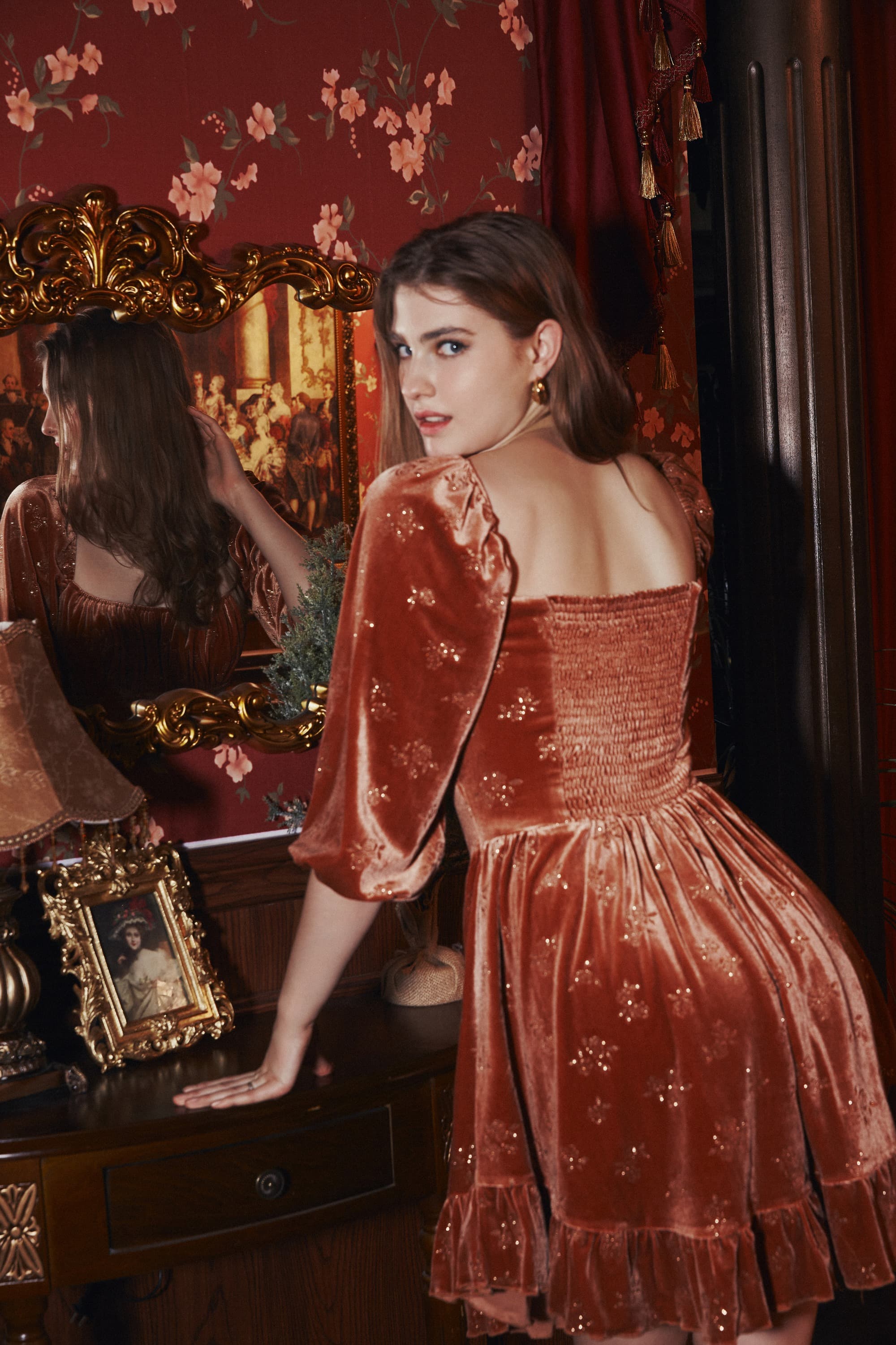 Betty Square Neckline Floral Velvet Dress In Gold