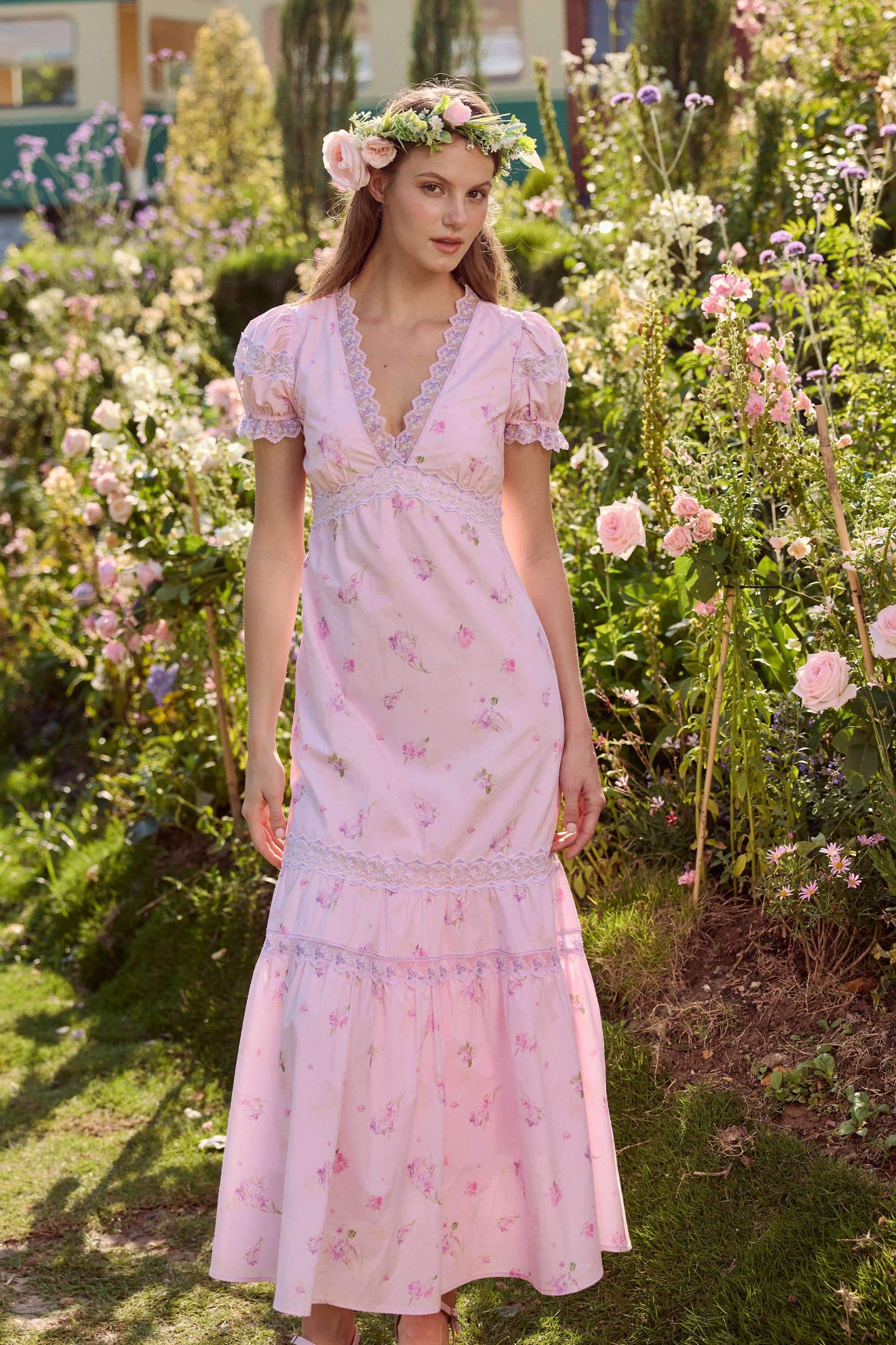 Ophelia  V-neck Cotton Embroidery  Lace Midi Dress