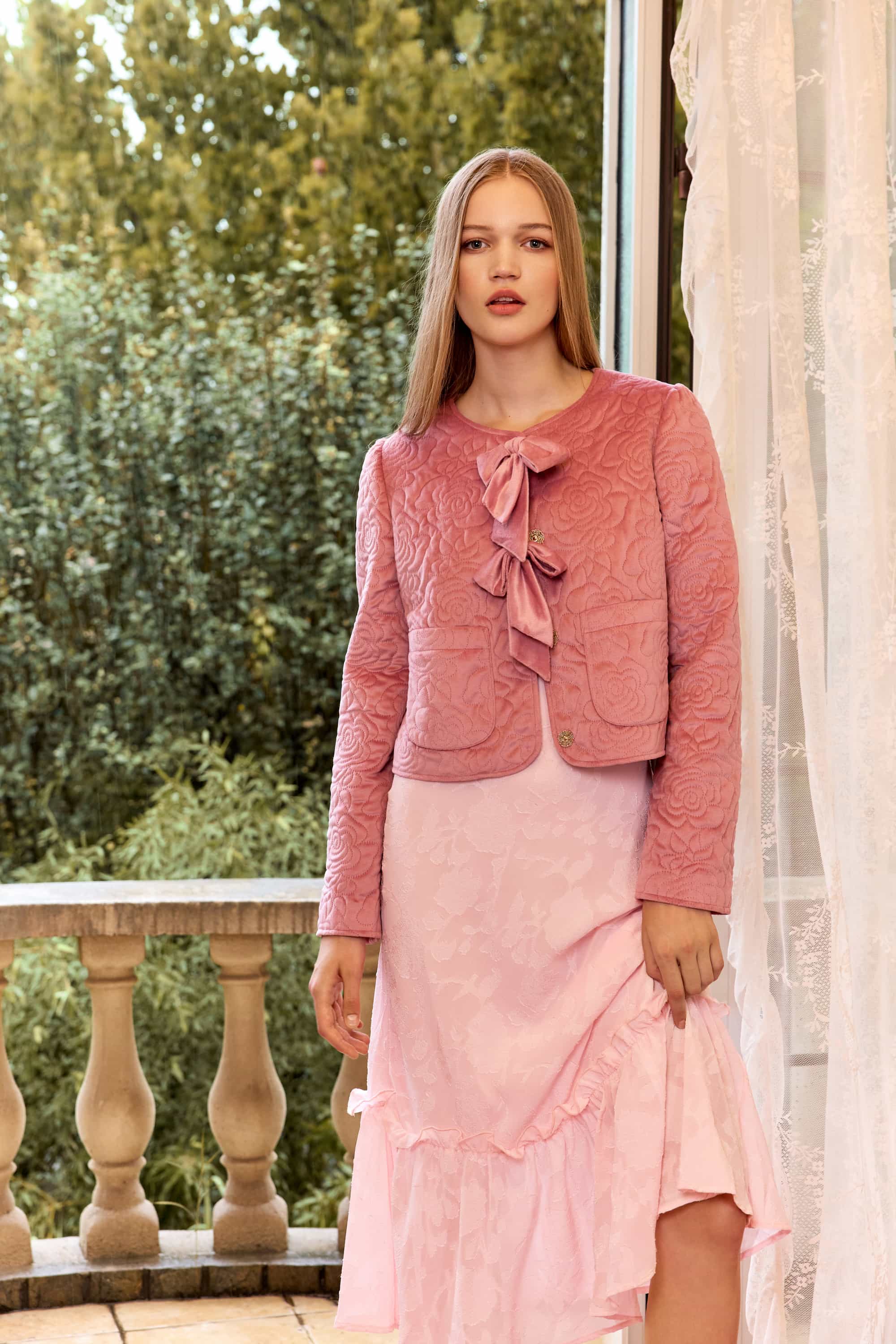 Laura Pink Rose Bow Quilted Jacket