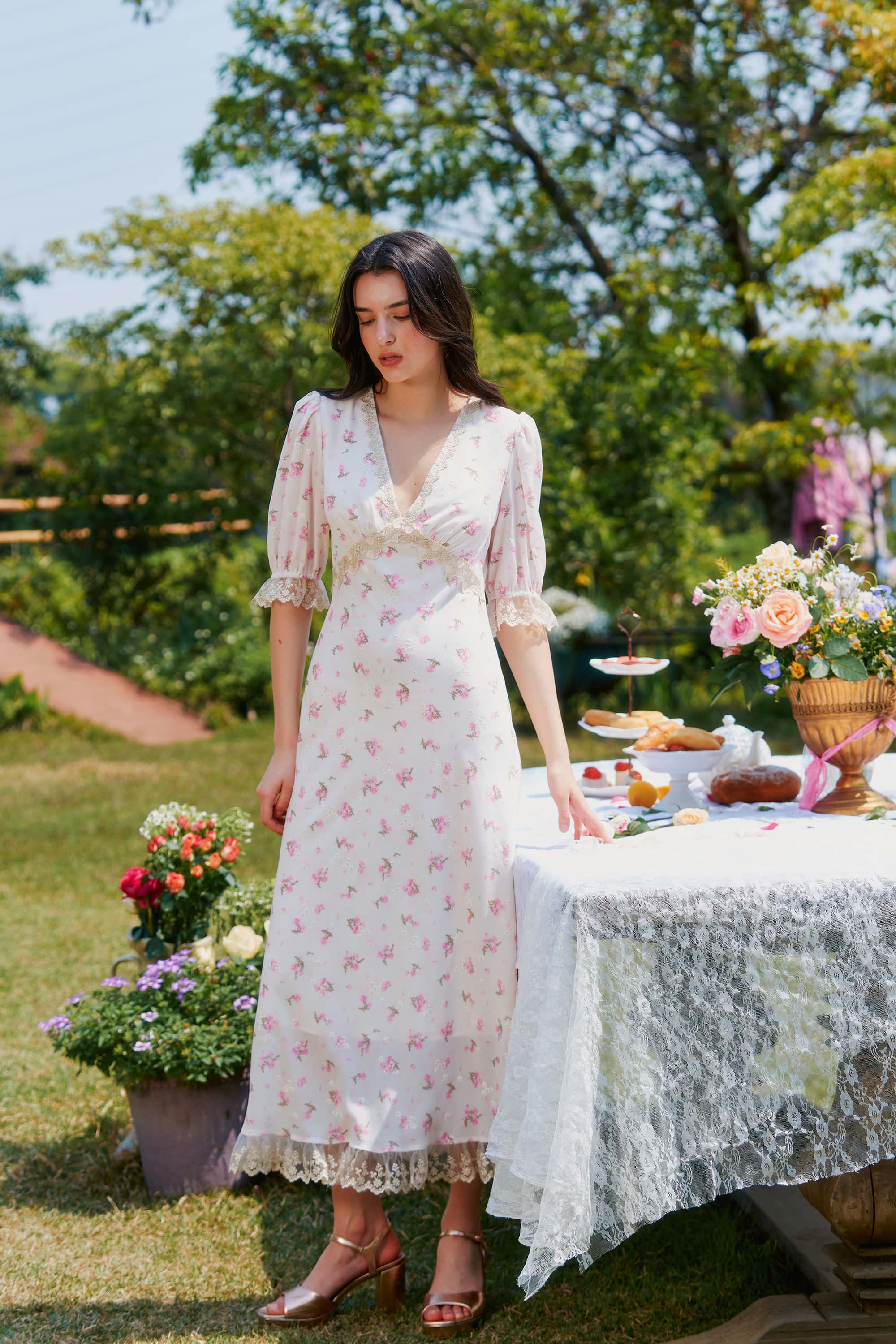 Divia Lace Floral Midi Dress in White