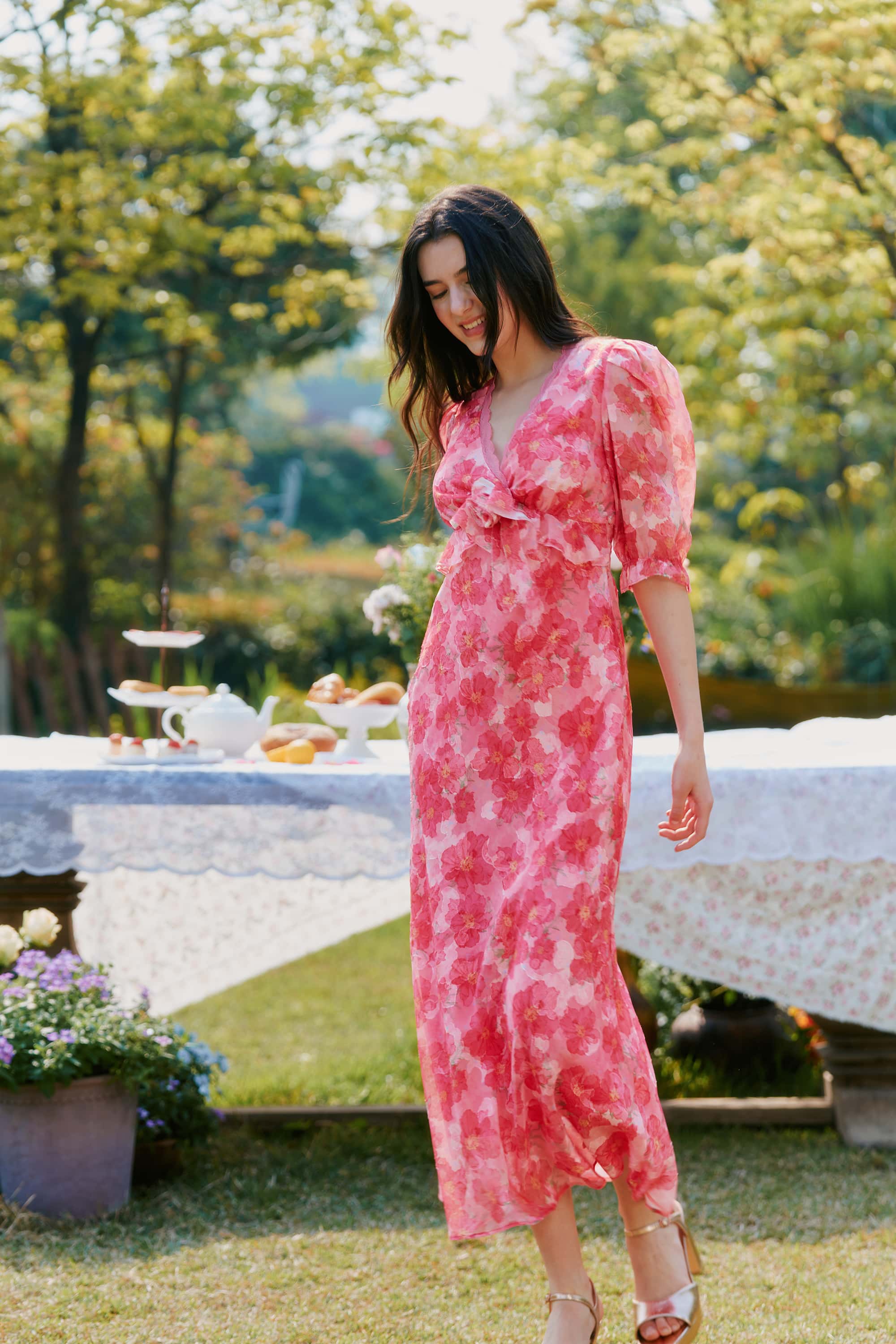 Archie Chiffon High Waist Maxi Dress in Red