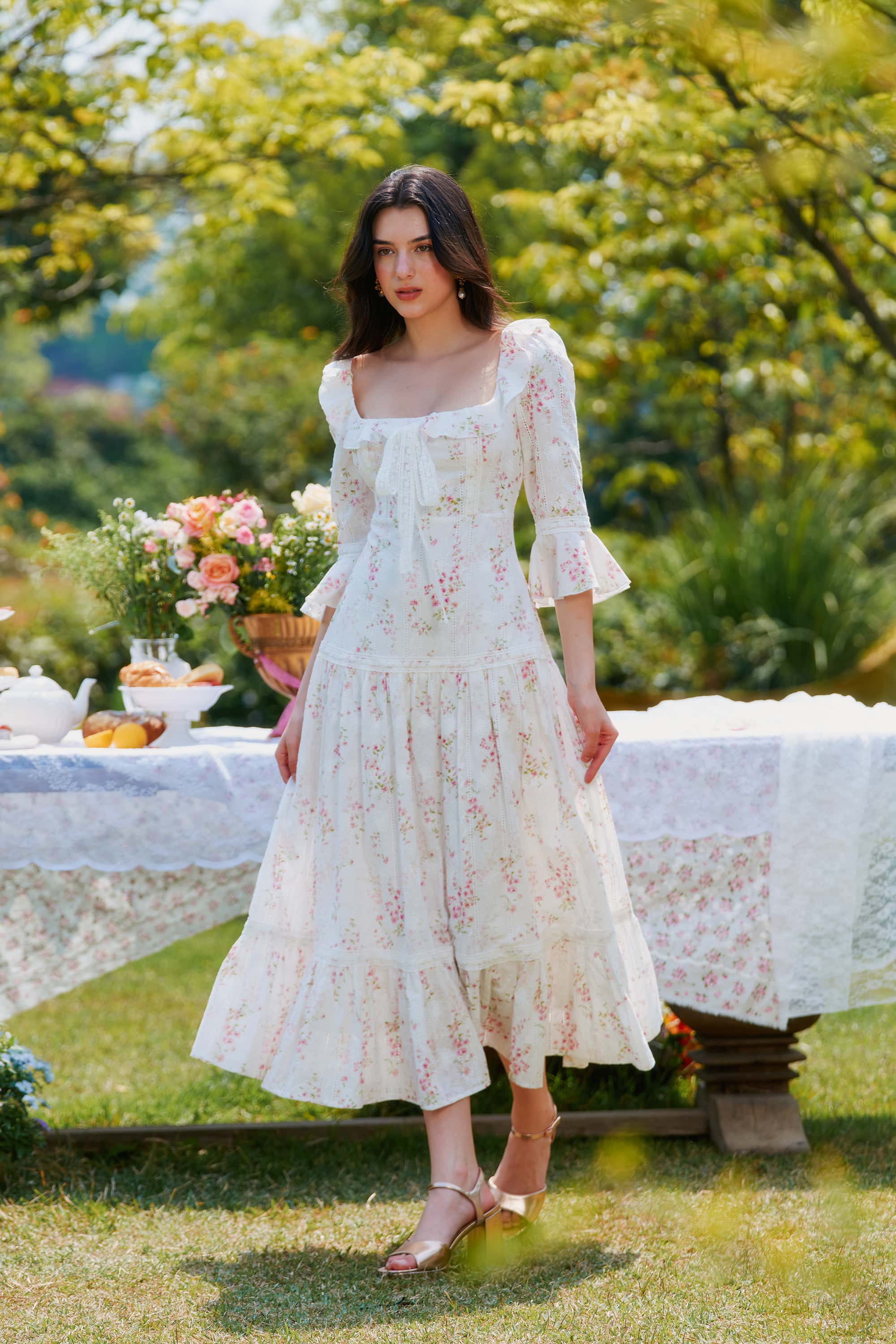 Hera Floral Ruffled Flaring Cuff Midi Dress