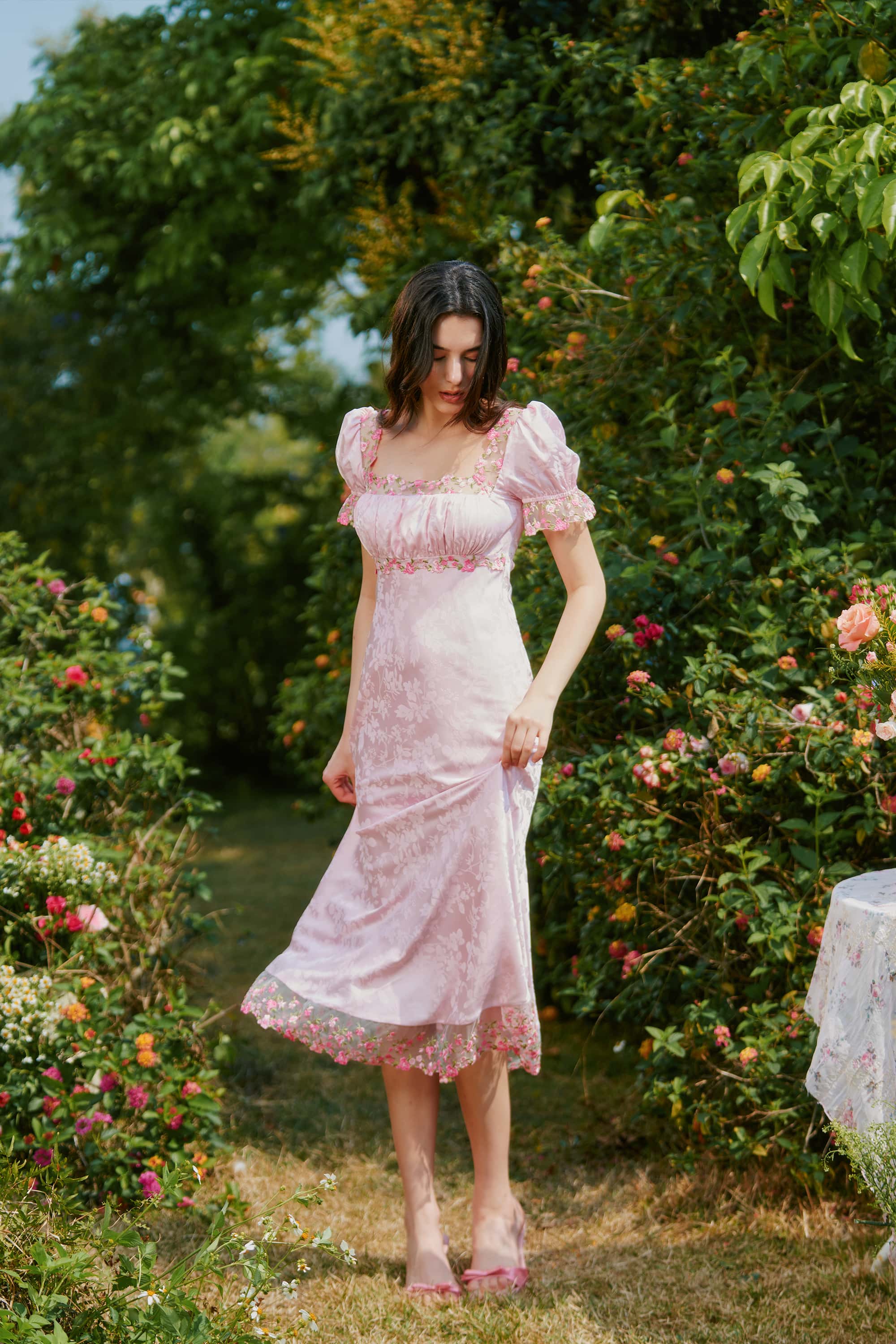 Delphine Jacquard Satin Lace Midi Dress