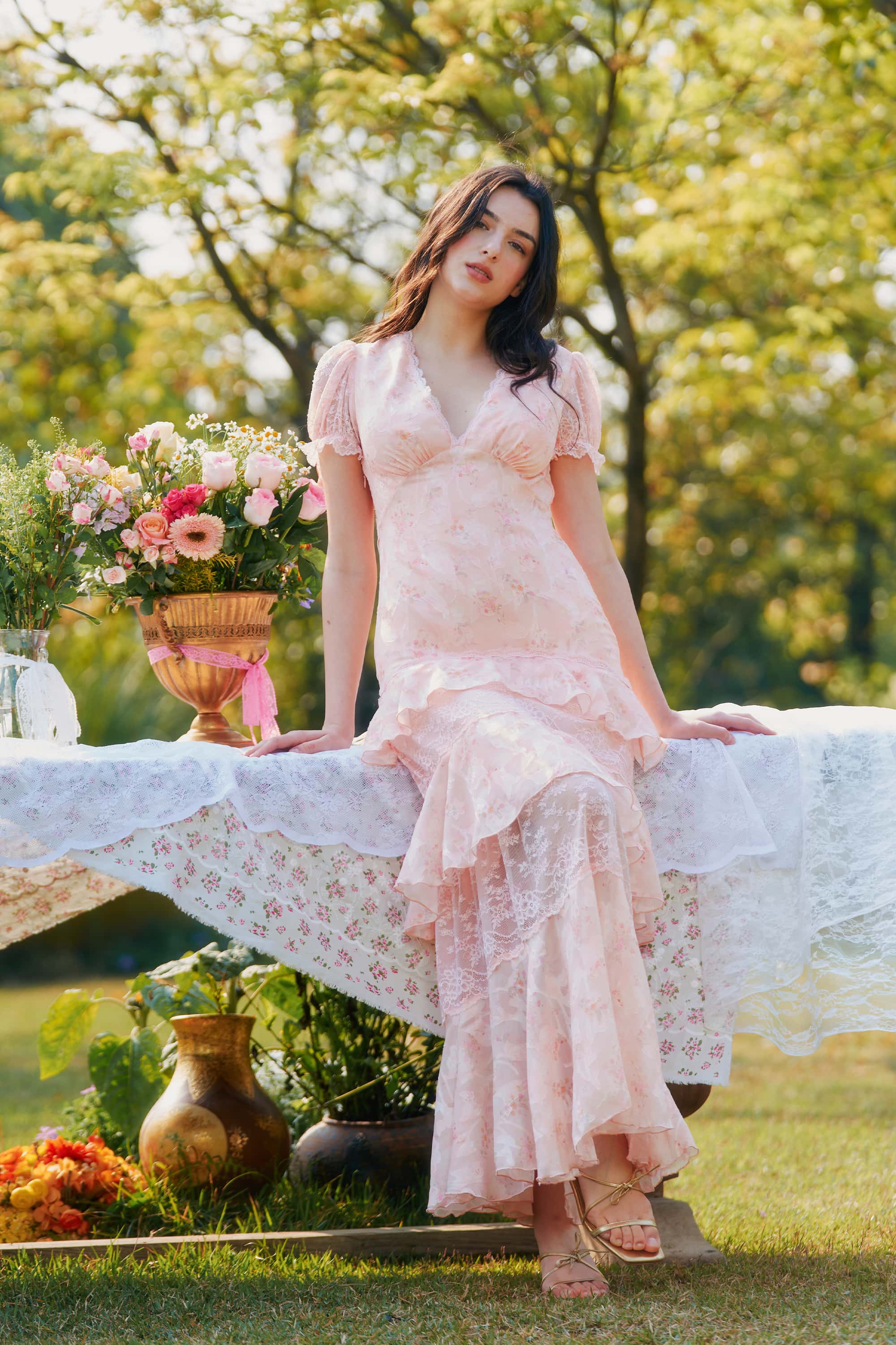 Catalina Chiffon Lace Floral Maxi Dress