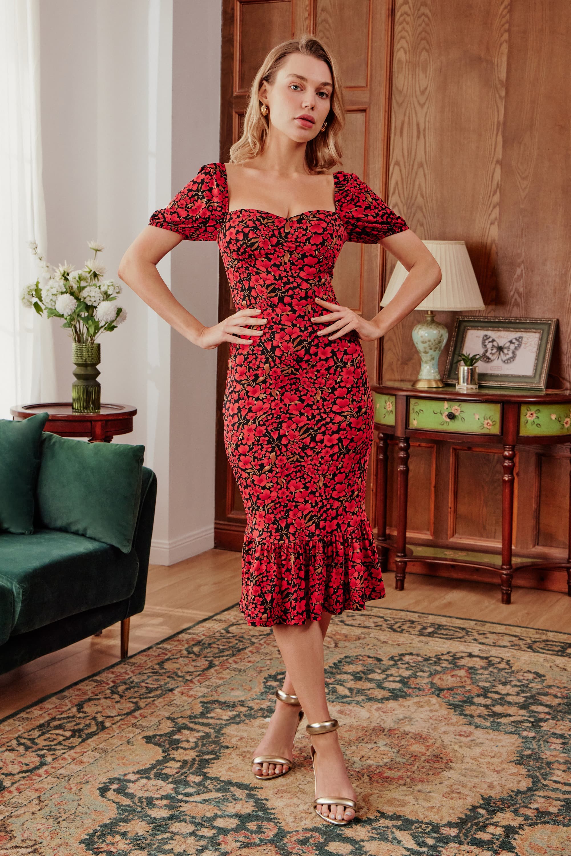 Carmen Puff Sleeves Stretch Midi Dress in Red