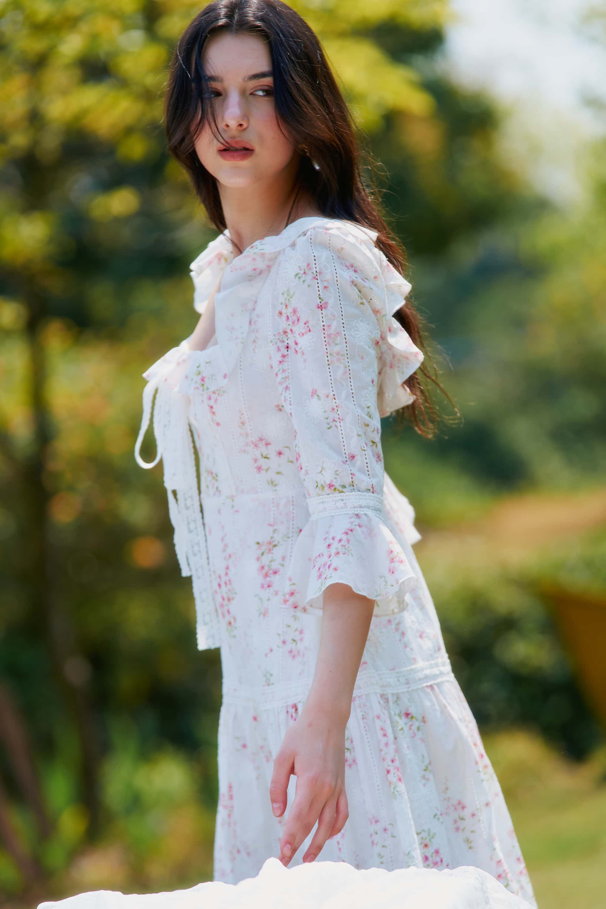 Hera Floral Ruffled Flaring Cuff Midi Dress