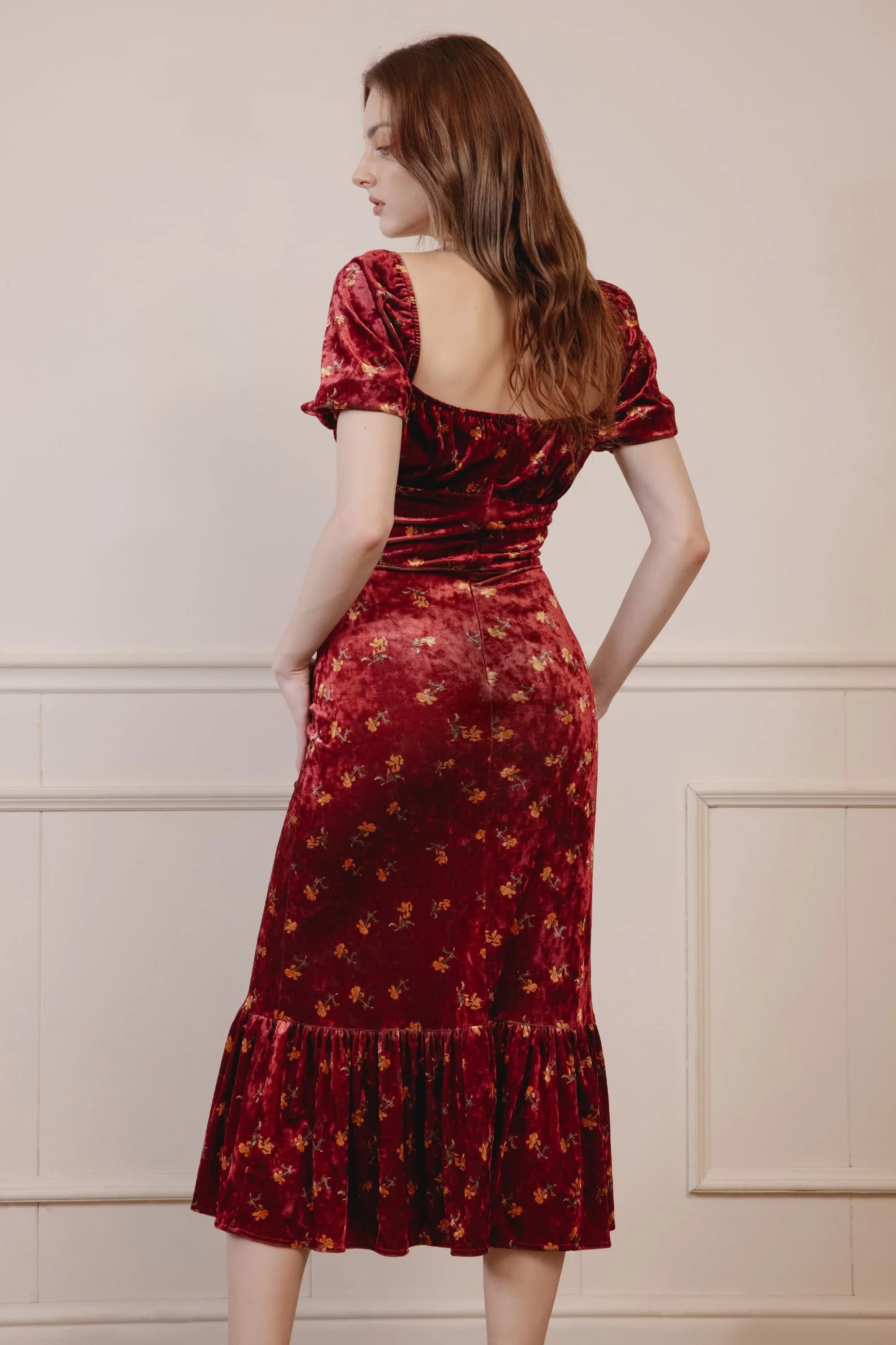 Brielle Squared Neckline Velvet Midi Dress in Red