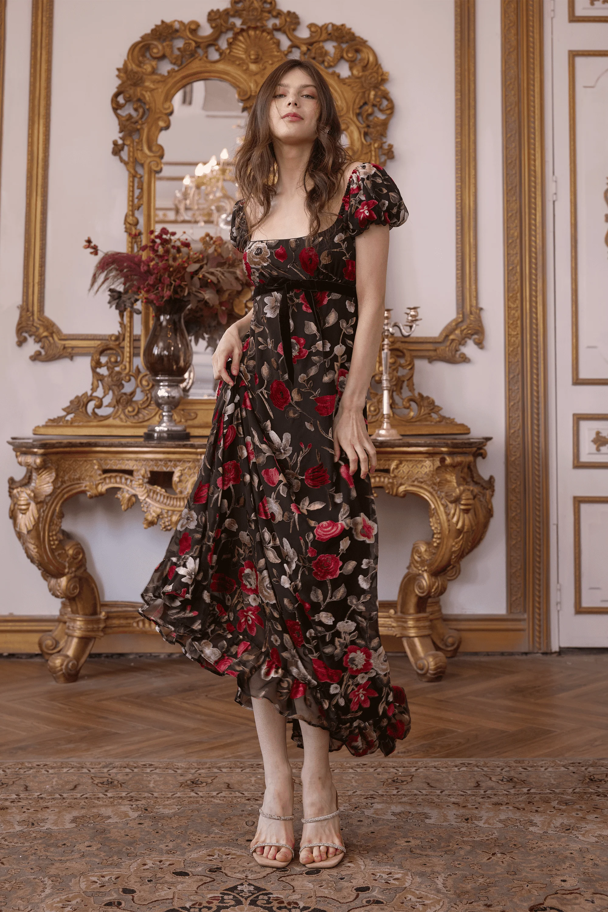 Peltz Squared Neckline Velvet Floral Gown Dress
