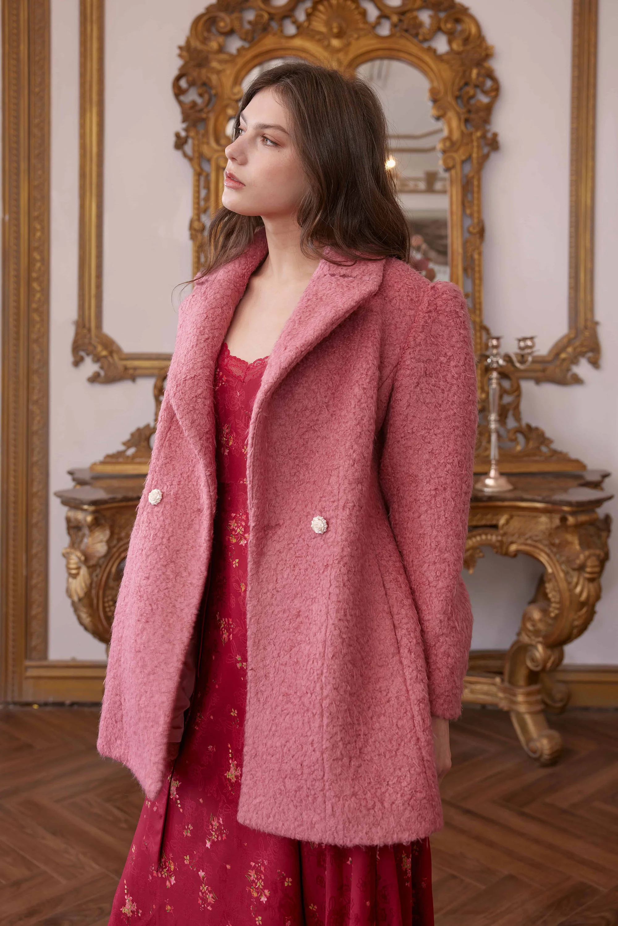 Laurence Puff Sleeve Wool Coat in Rouge