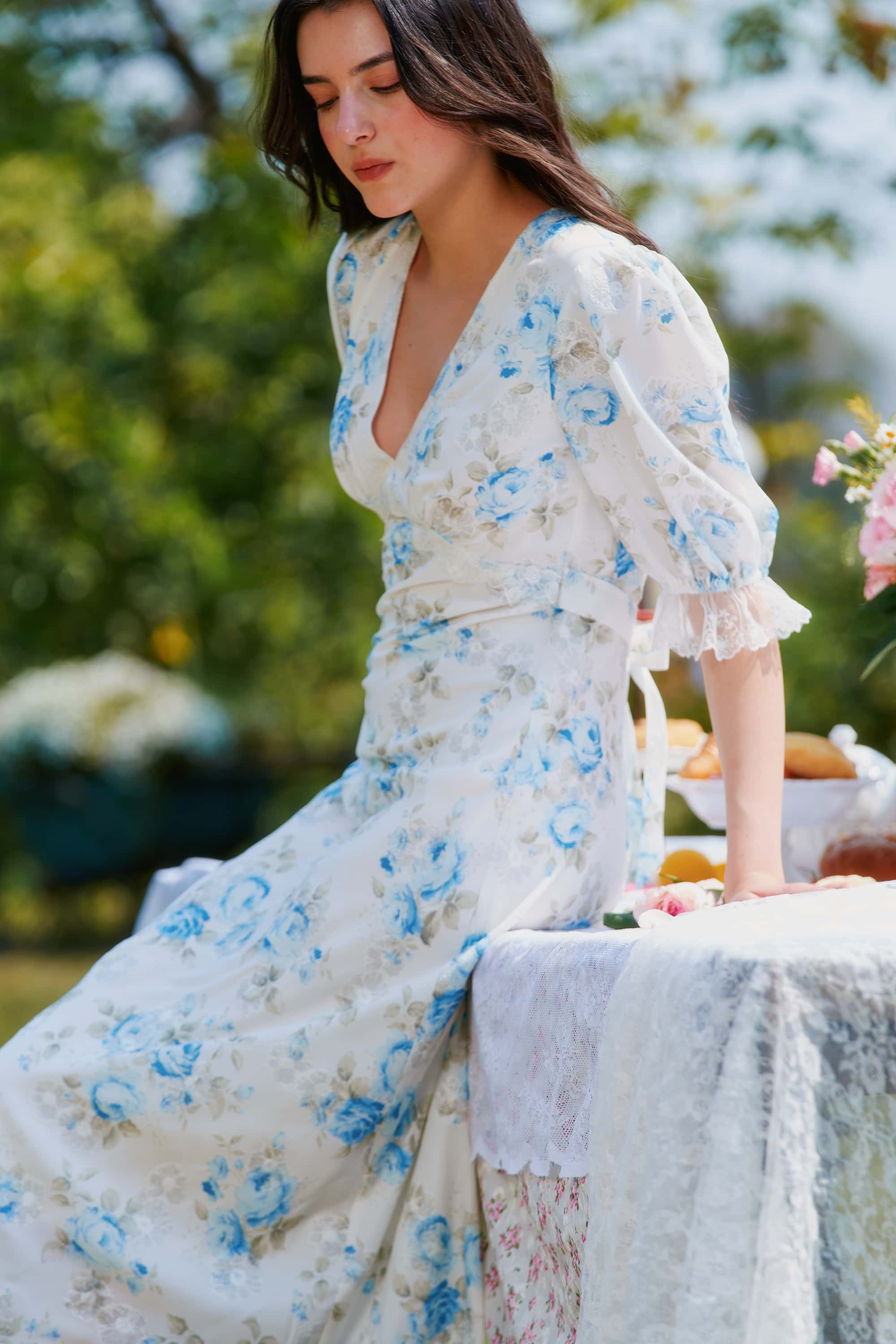 Divia Lace Floral Midi Dress in Blue