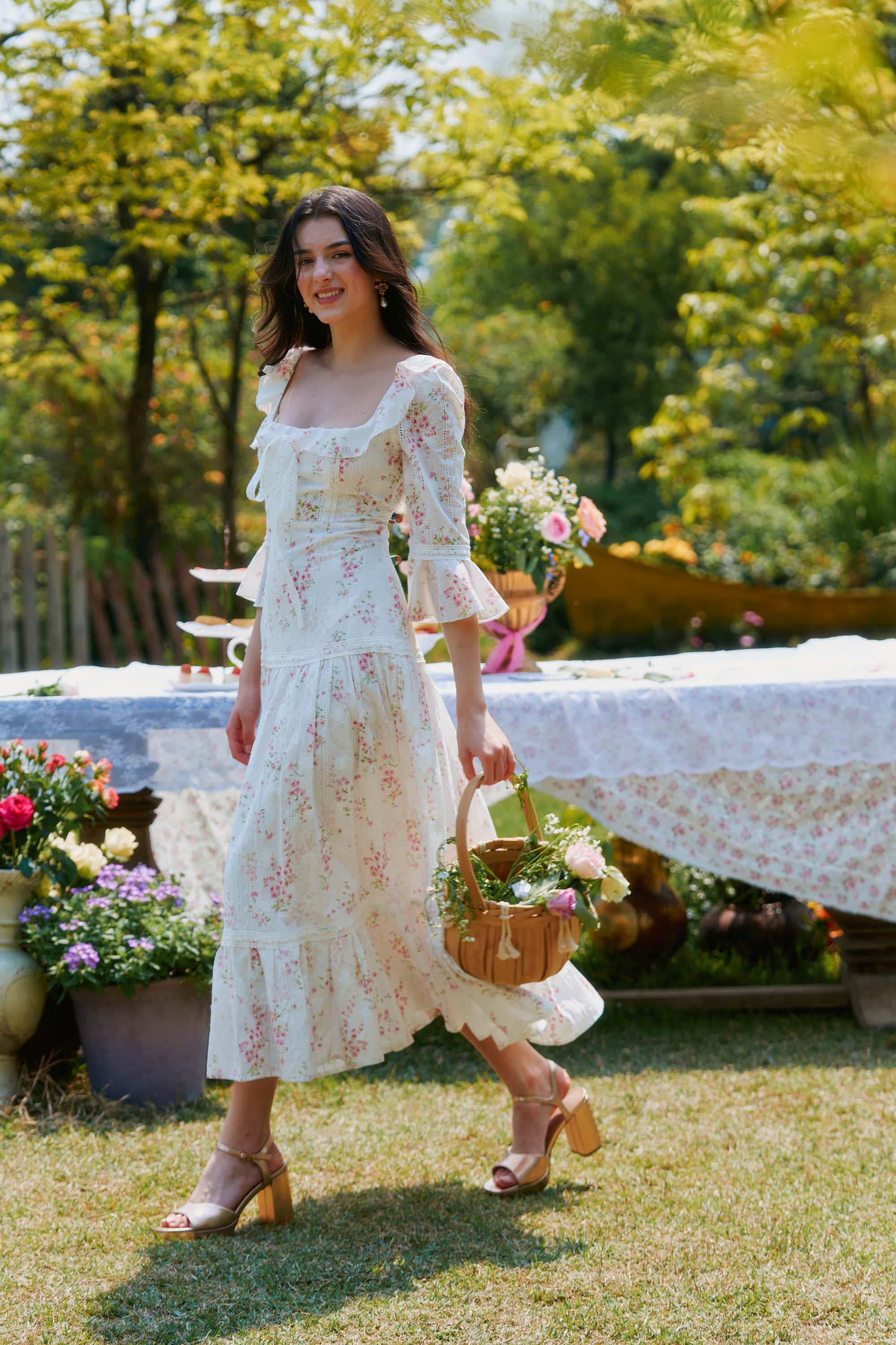 Hera Floral Ruffled Flaring Cuff Midi Dress