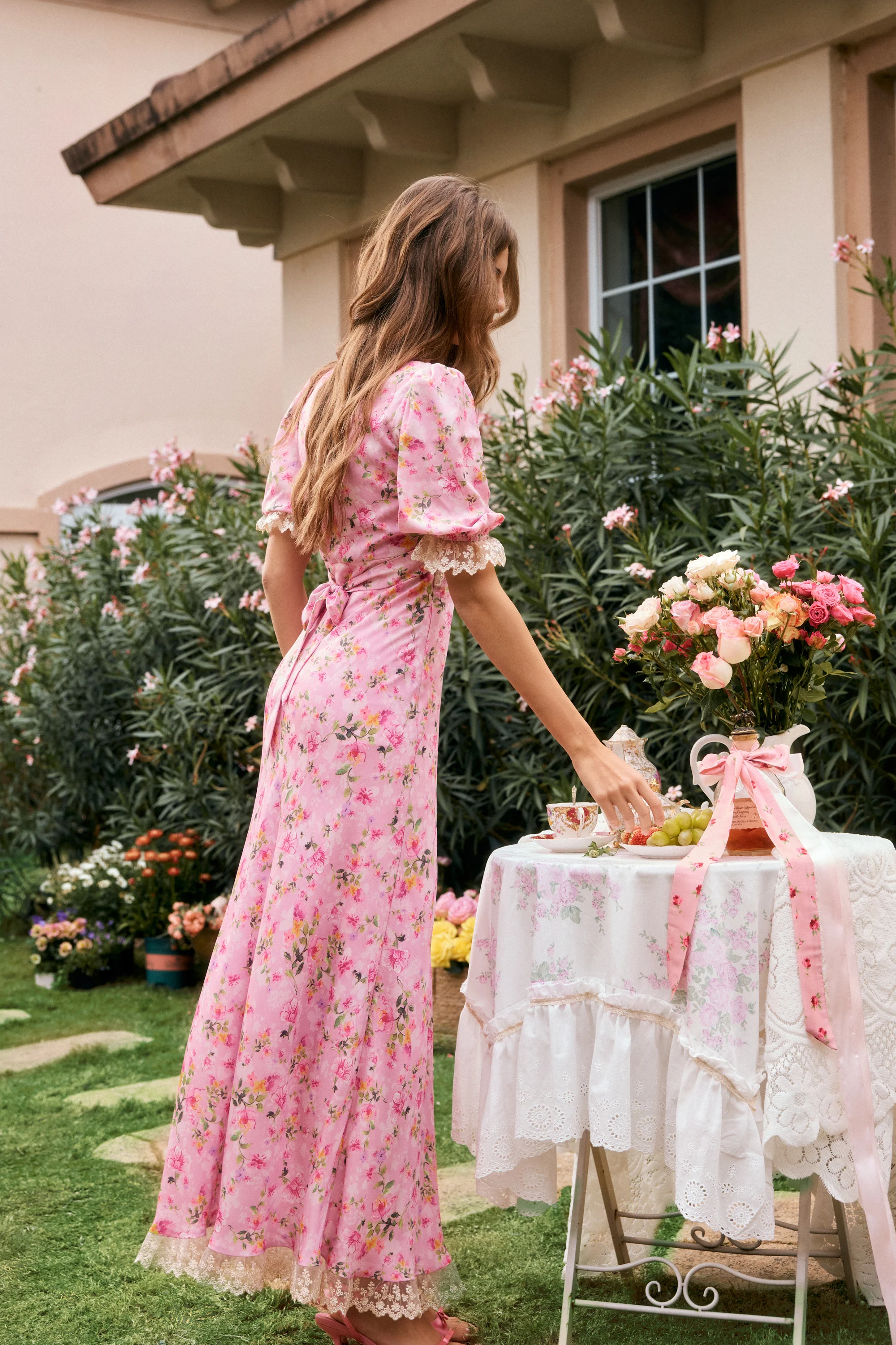 Divia Pink Lace Floral Midi Dress