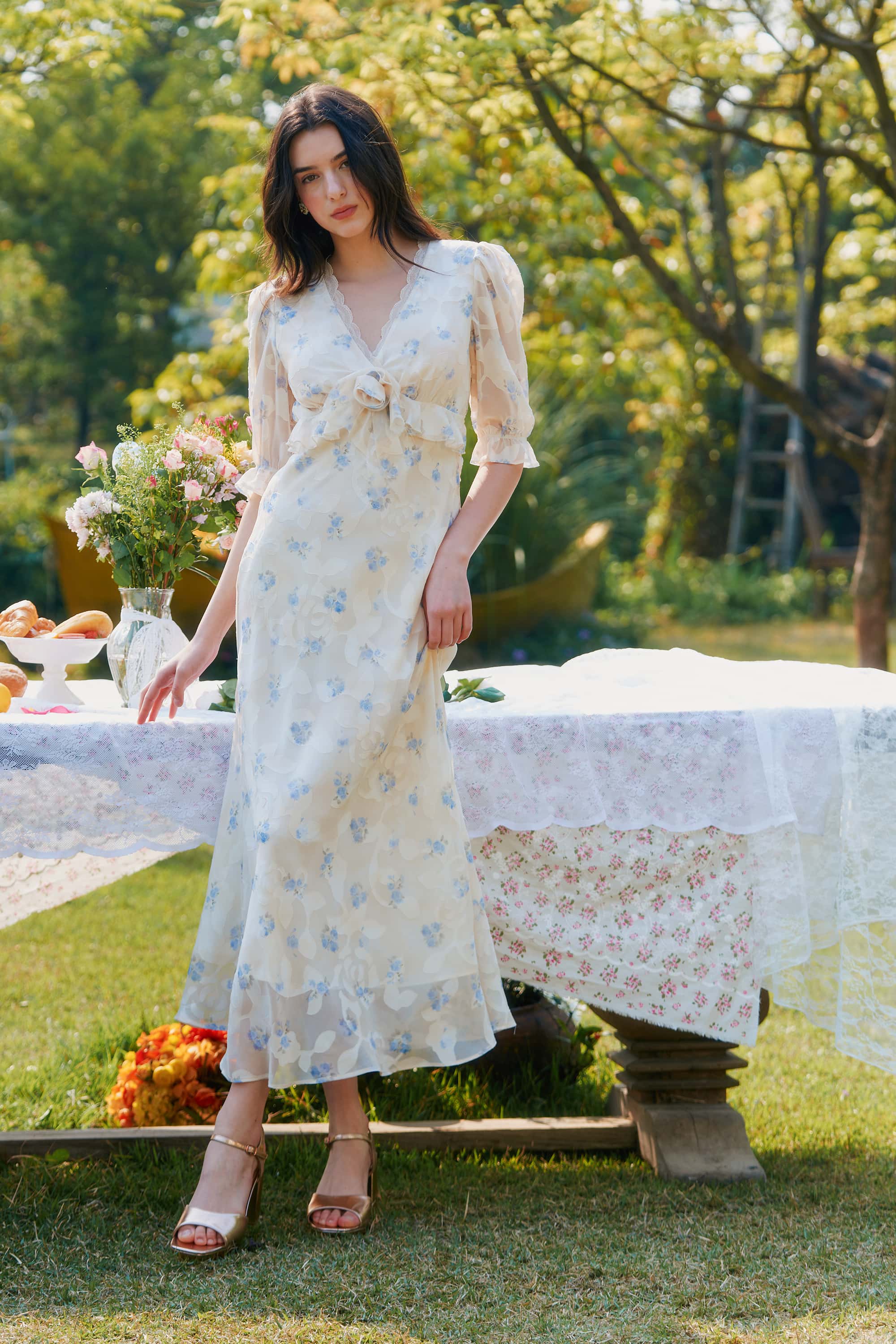 Archie Chiffon High Waist Maxi Dress in Cream